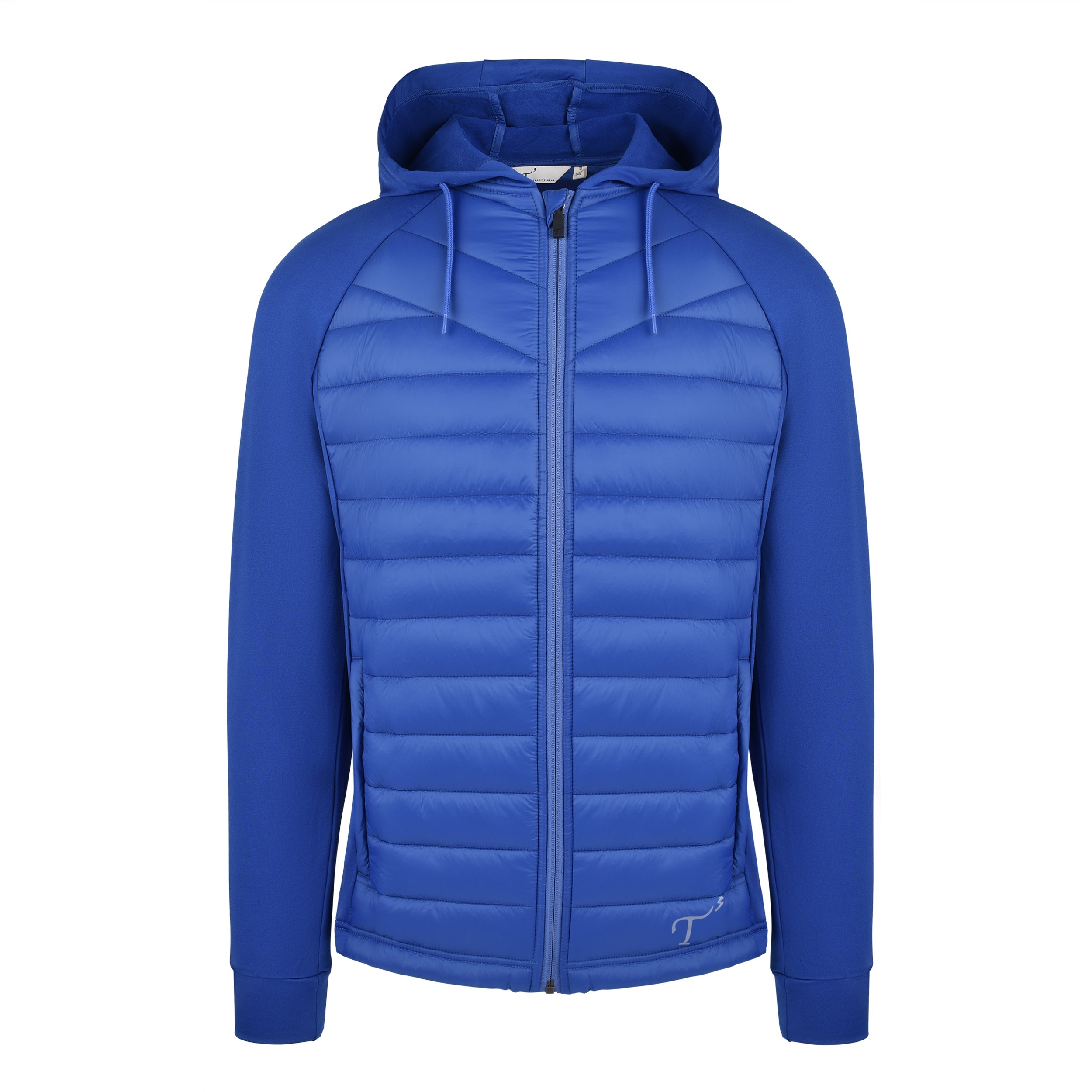 Men's Thinsulate Hybrid Hooded Long Sleeve Jacket, Blue. Front view.