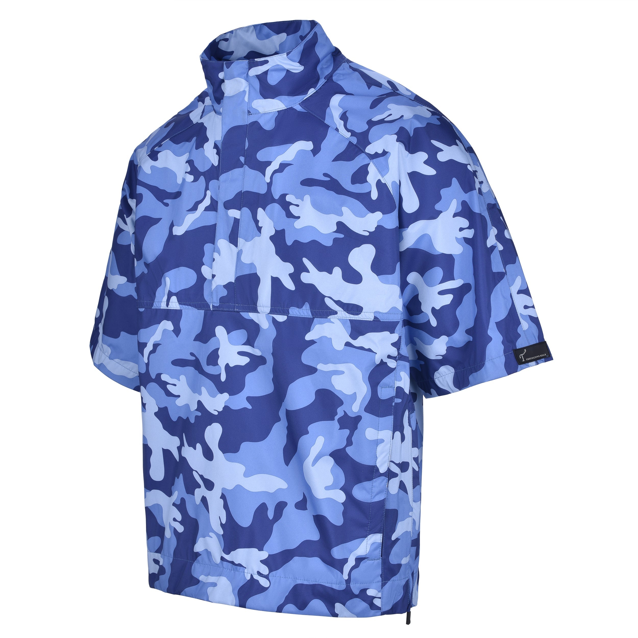 Men's Quarter-Zip Short Sleeve Rain Pullover, Blue Camo. 45 Degree Left View.