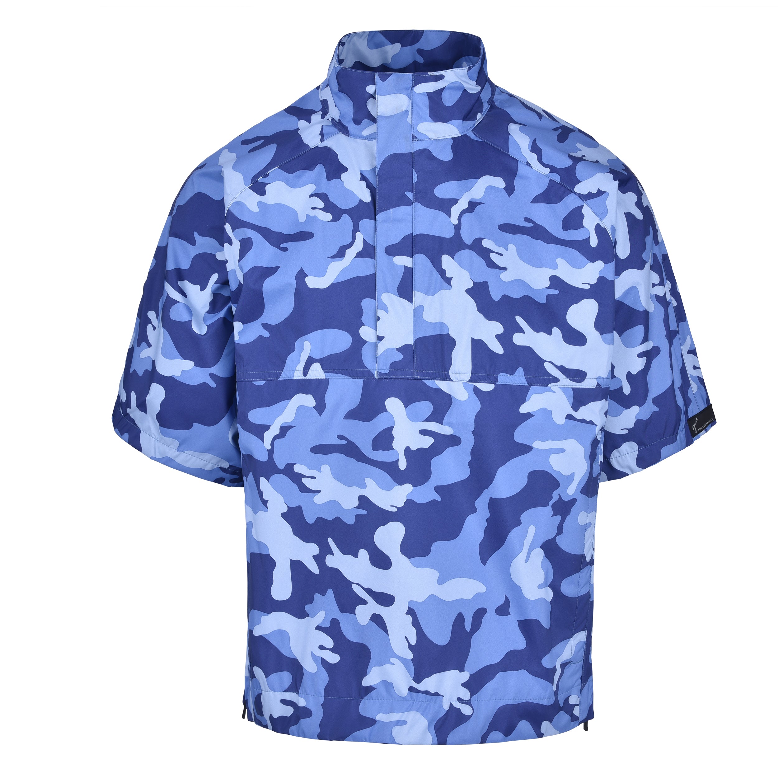 Men's Quarter-Zip Short Sleeve Rain Pullover, Blue Camo. Front View.