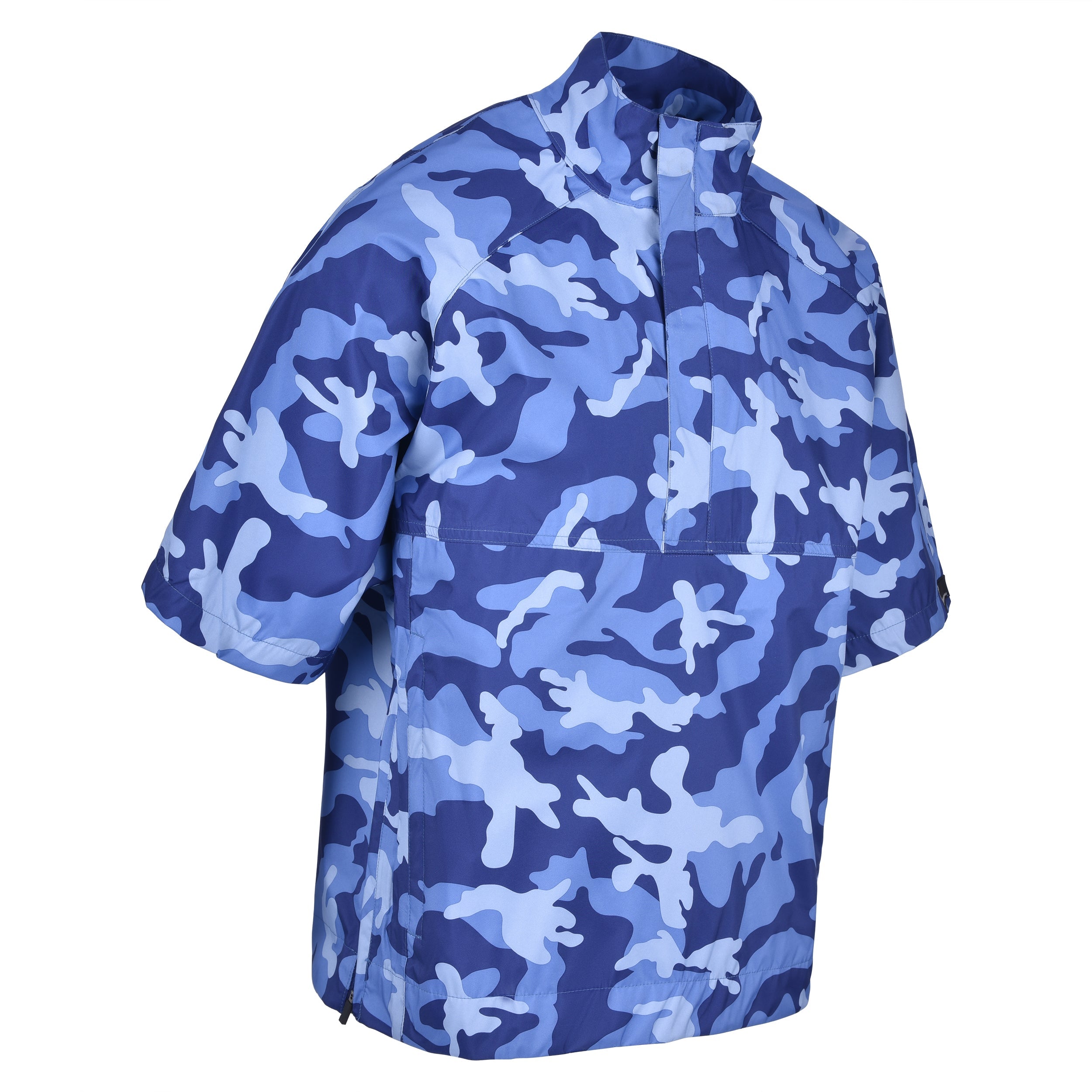Men's Quarter-Zip Short Sleeve Rain Pullover, Blue Camo. 45 Degree Right View.