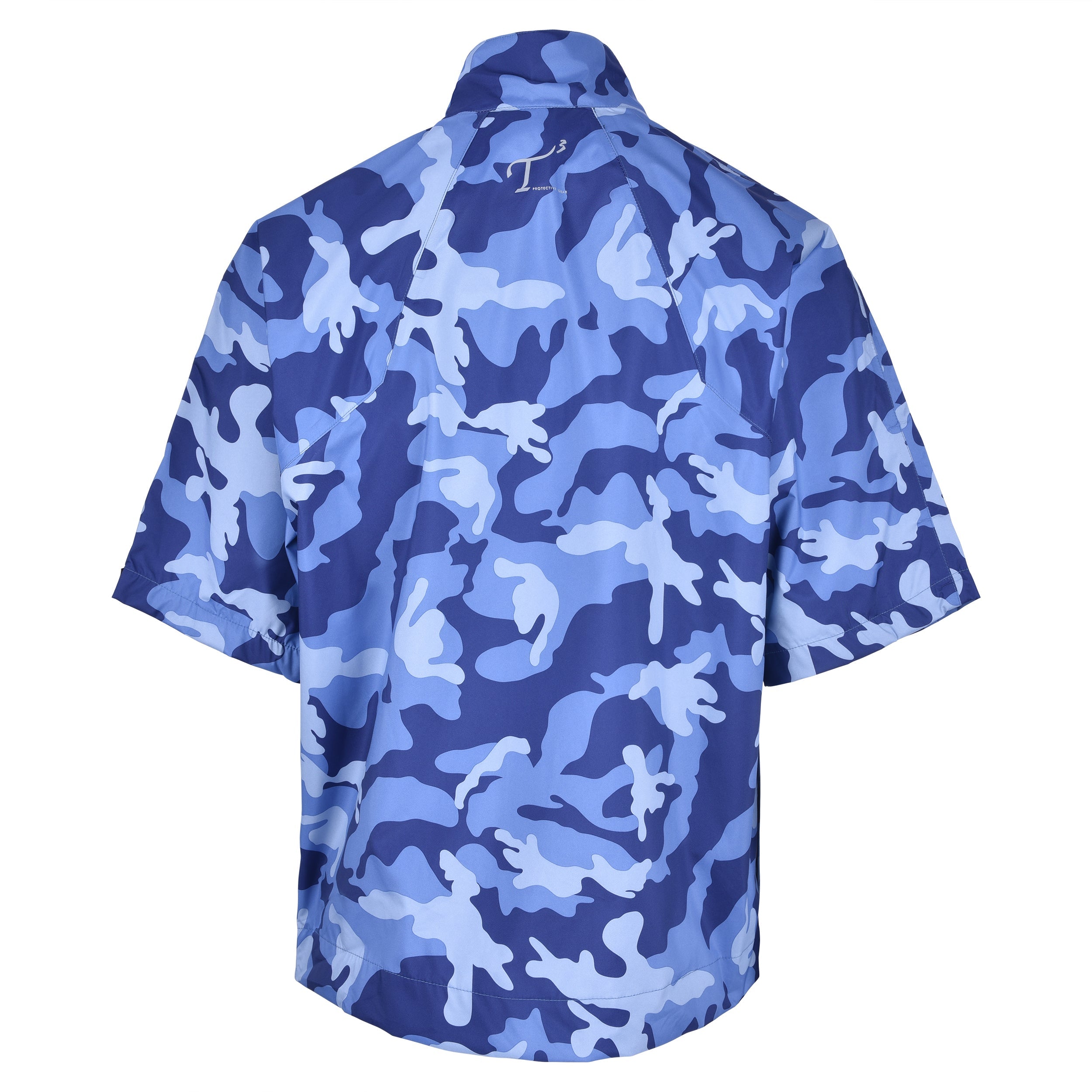 Men's Quarter-Zip Short Sleeve Rain Pullover, Blue Camo. Back View.