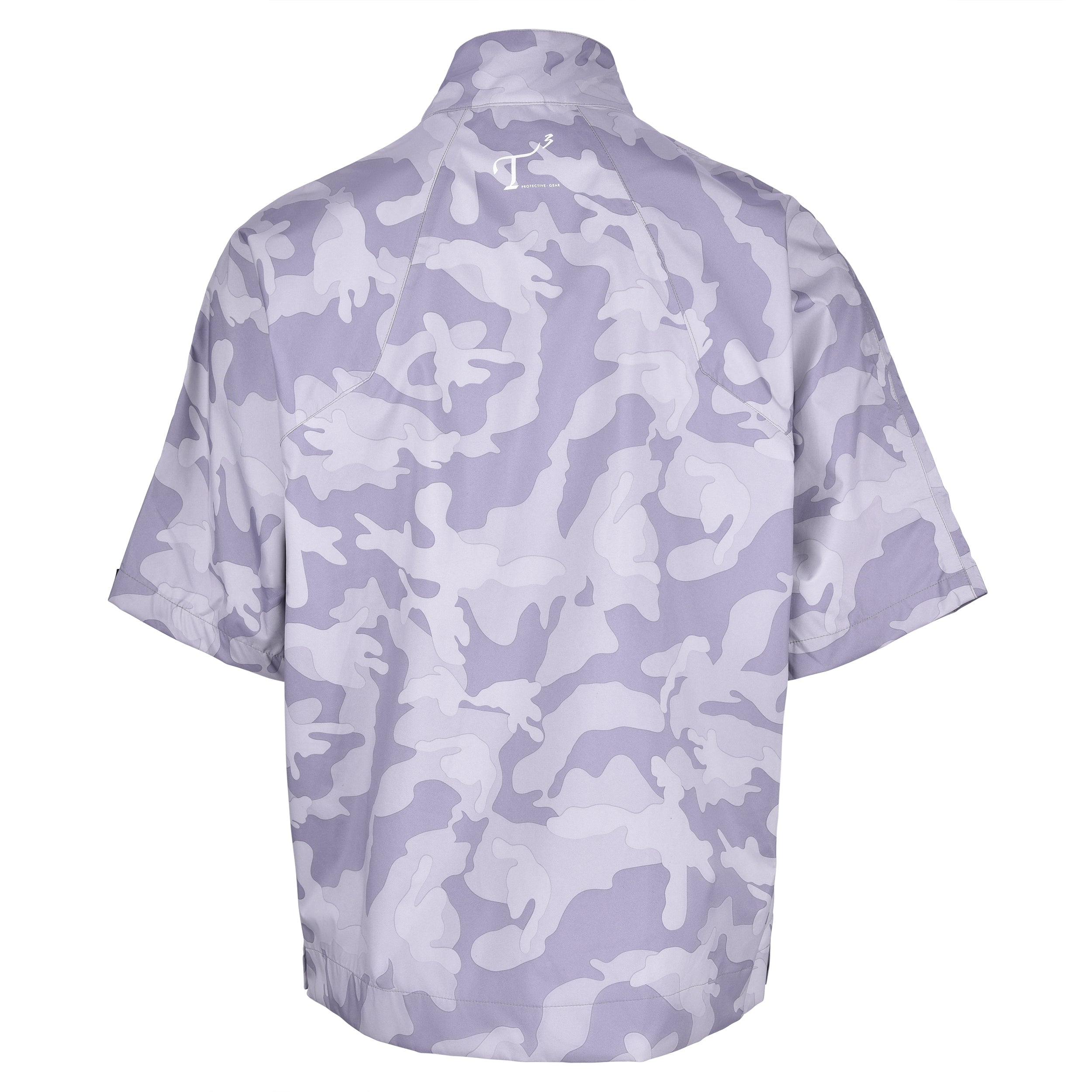 Men's Quarter-Zip Short Sleeve Rain Pullover, Gray Camo. Back View.