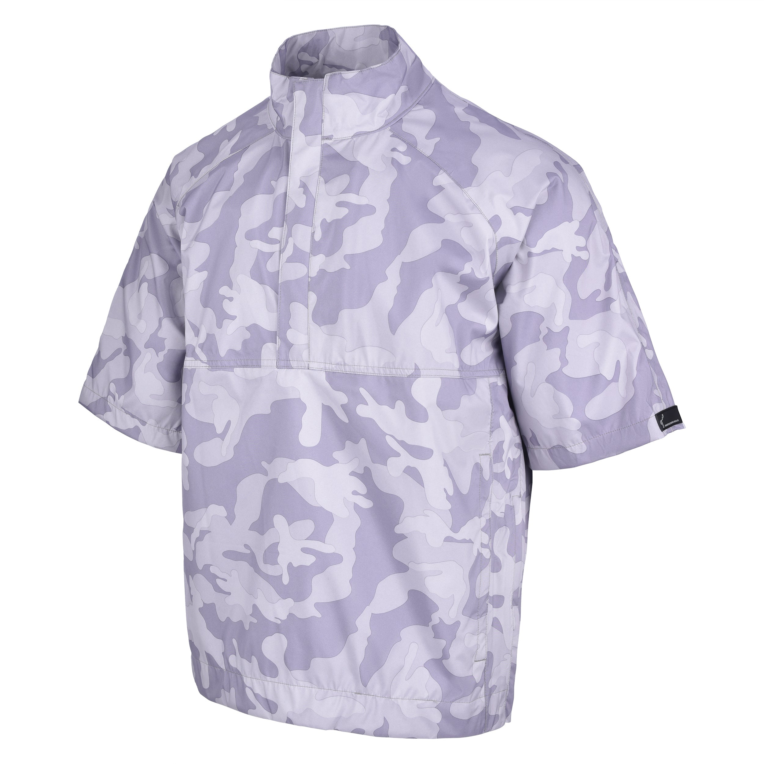 Men's Quarter-Zip Short Sleeve Rain Pullover, Gray Camo. 45 Degree Left View.