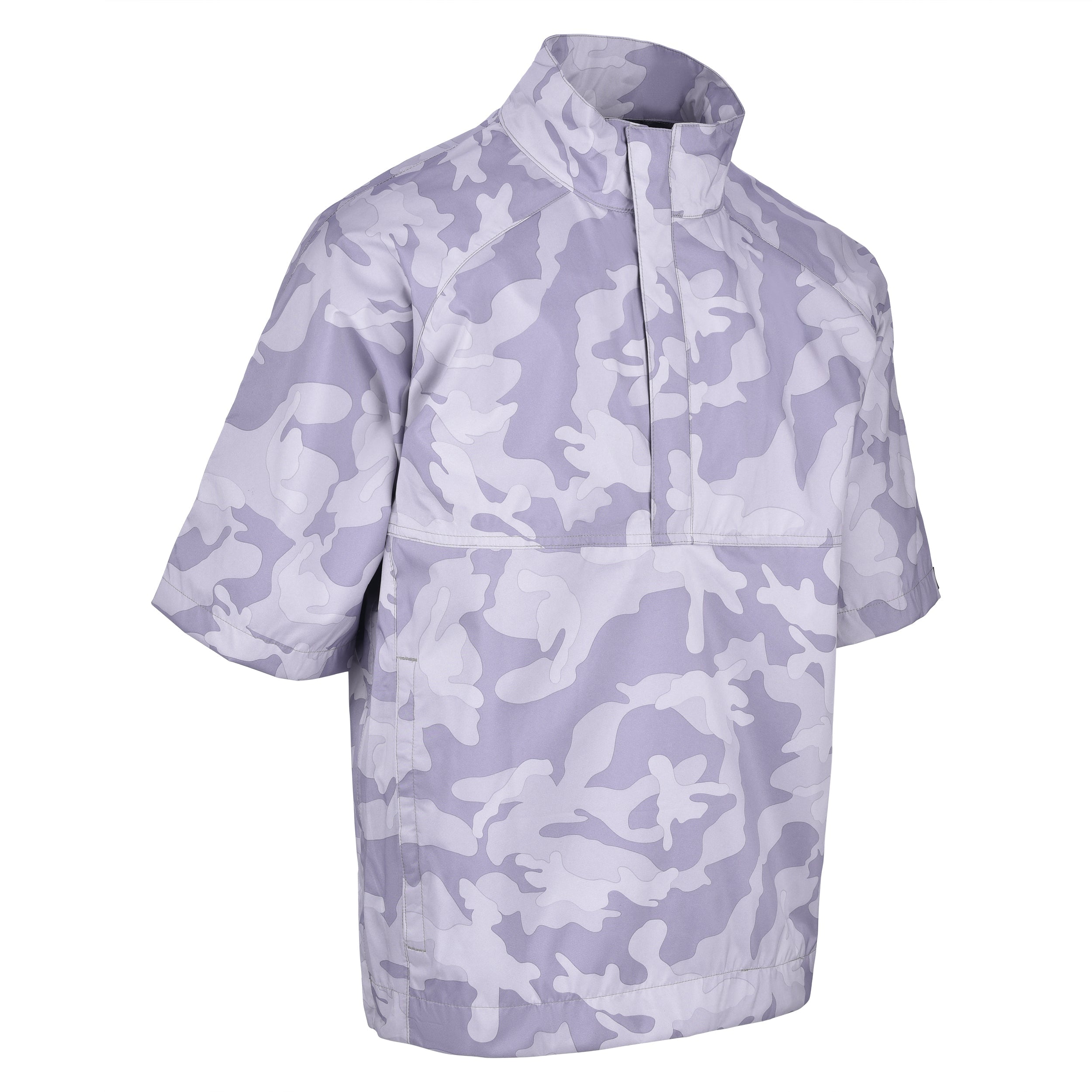 Men's Quarter-Zip Short Sleeve Rain Pullover, Gray Camo. 45 Degree Right View.