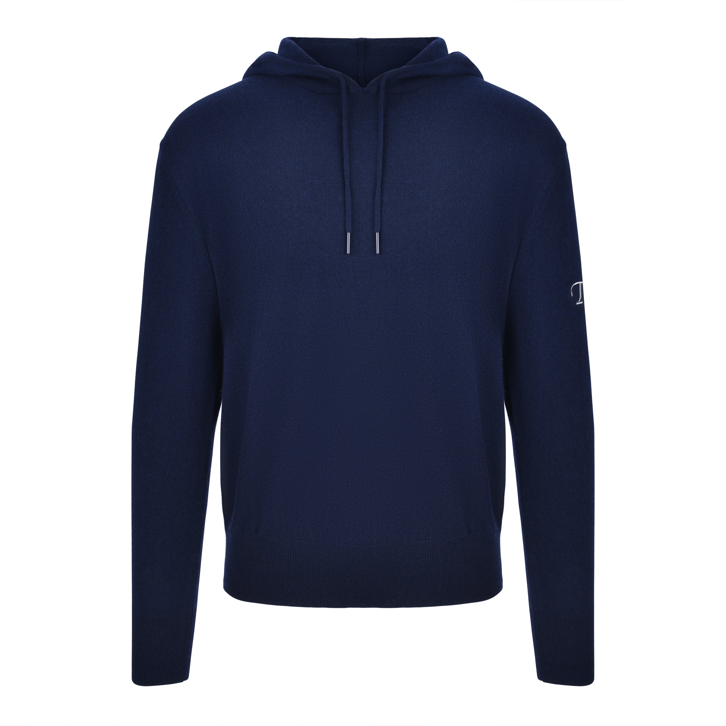Men's Cashmere Hooded Sweater, Navy. Front view.