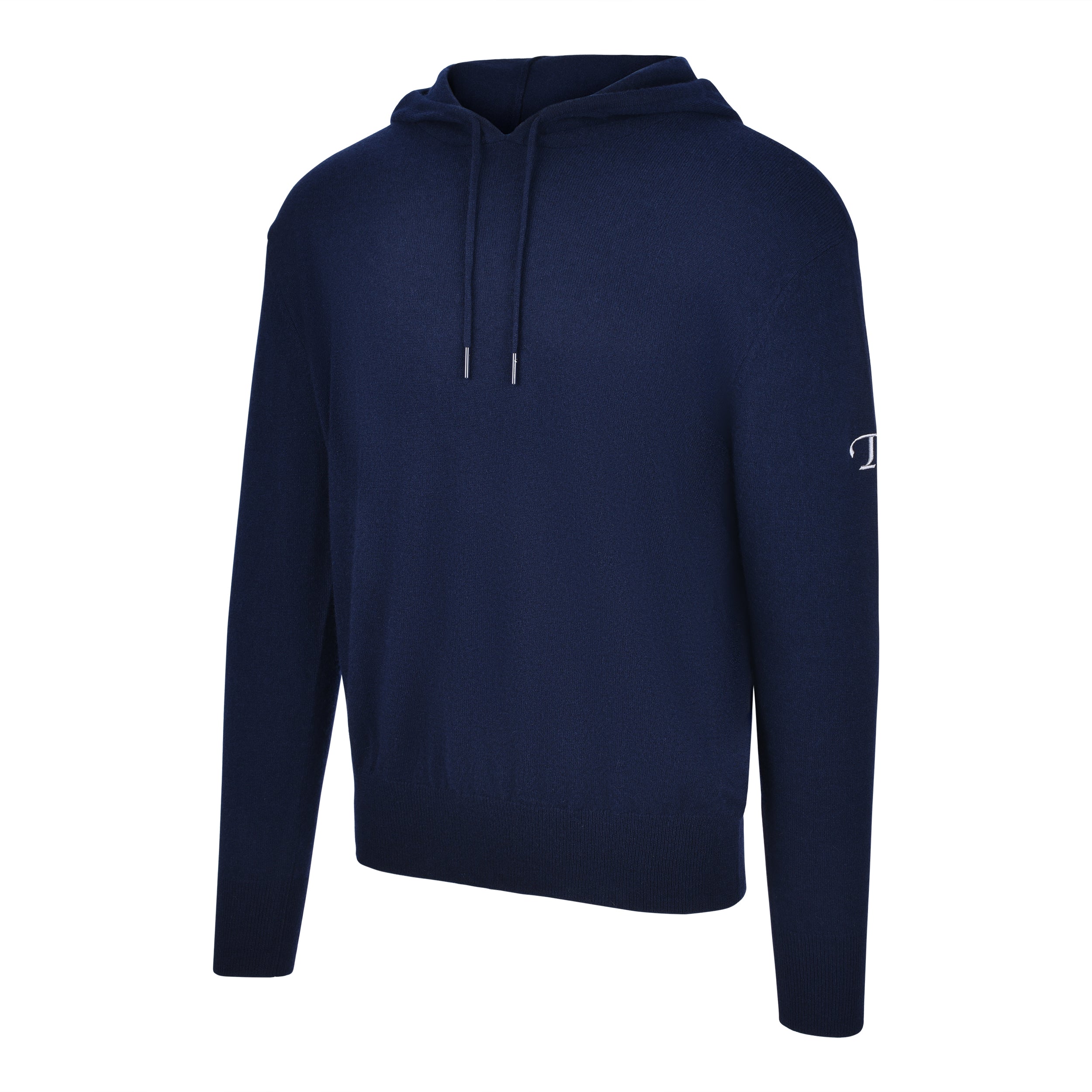 Men's Cashmere Hooded Sweater, Blue. 45 degree left view.