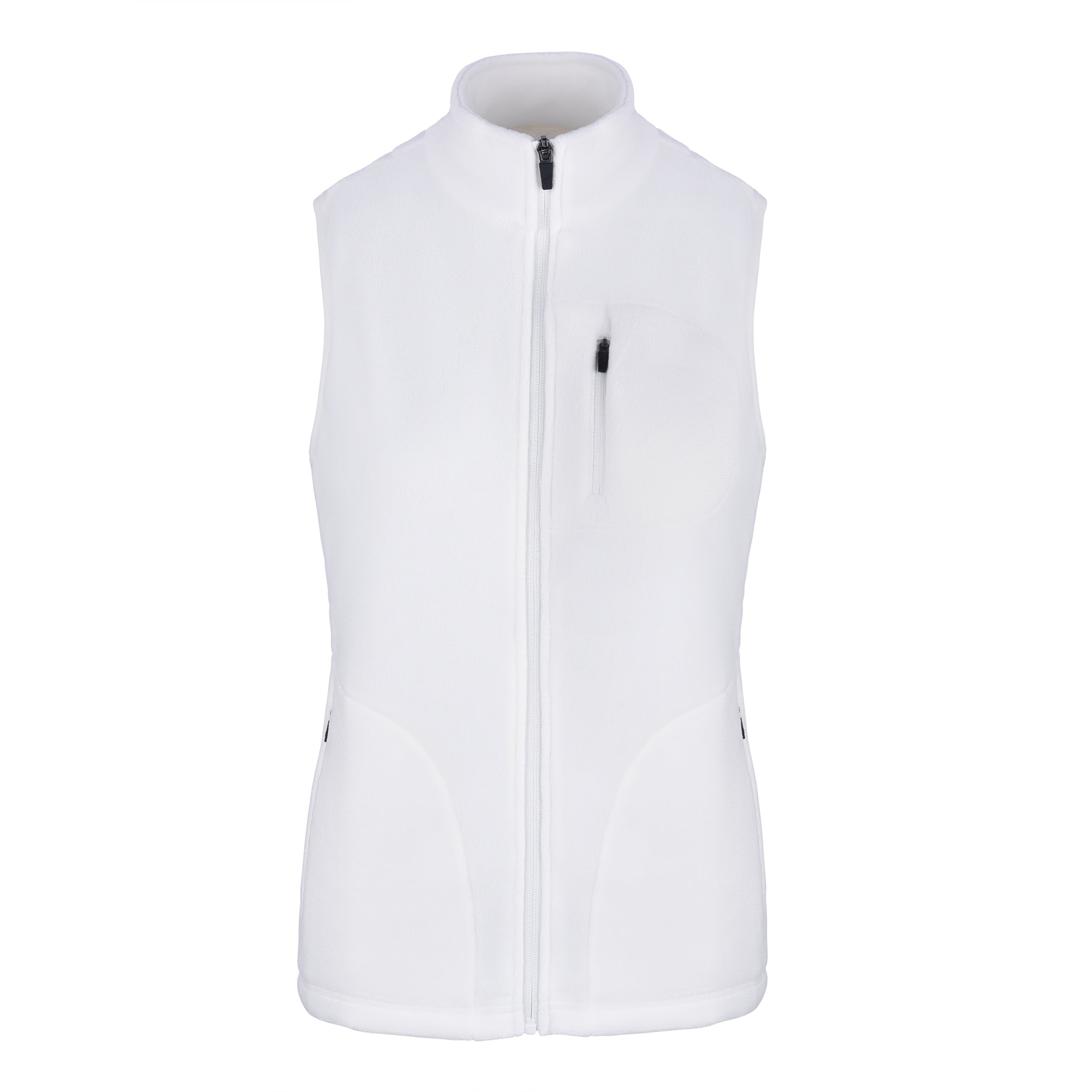 Women's Fleece Vest, White. Front view.