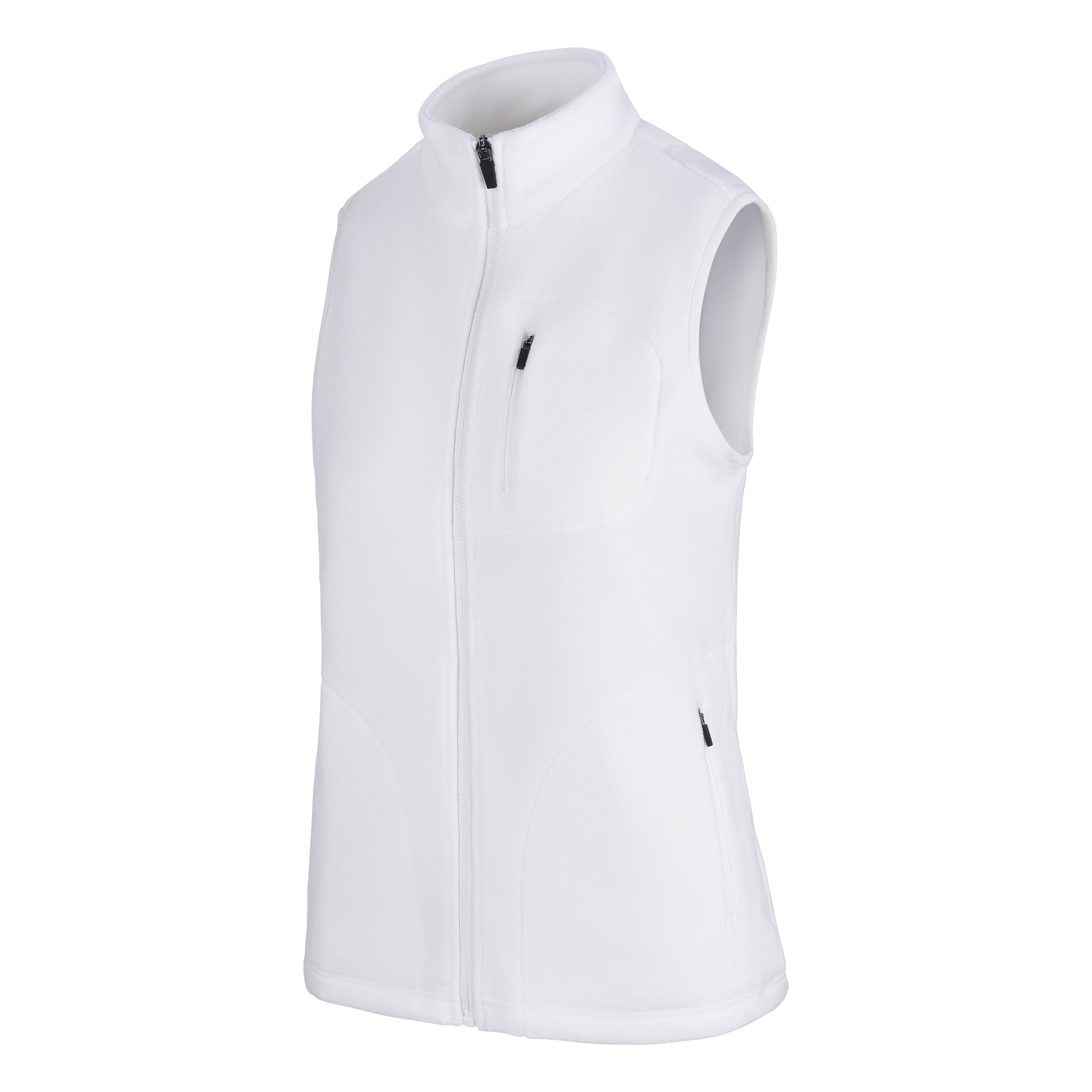 Women's Fleece Vest, White. 45 degree left view.