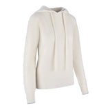 Women's Cashmere Hooded Sweater, Cream and blue. 45 degree right view.