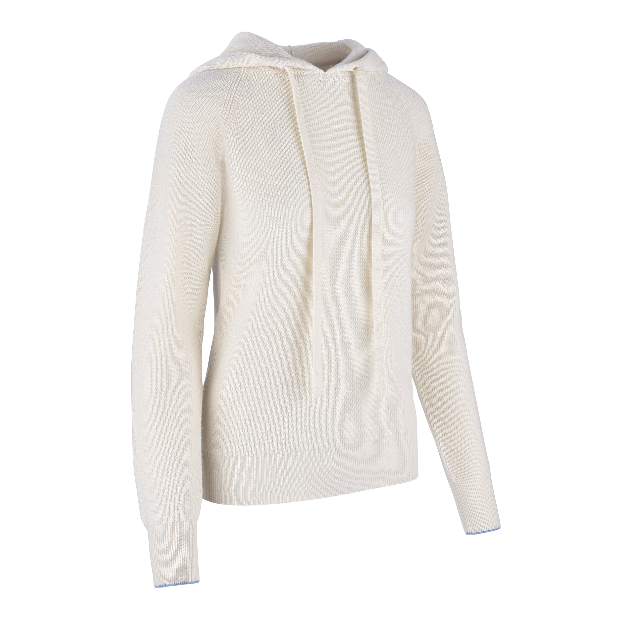 Women's Cashmere Hooded Sweater, Cream and blue. 45 degree right view.