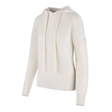 Women's Cashmere Hooded Sweater, Cream and blue. 45 degree left view.