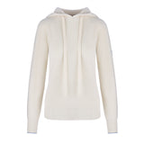 Women's Cashmere Hooded Sweater, Cream and blue. Front view.