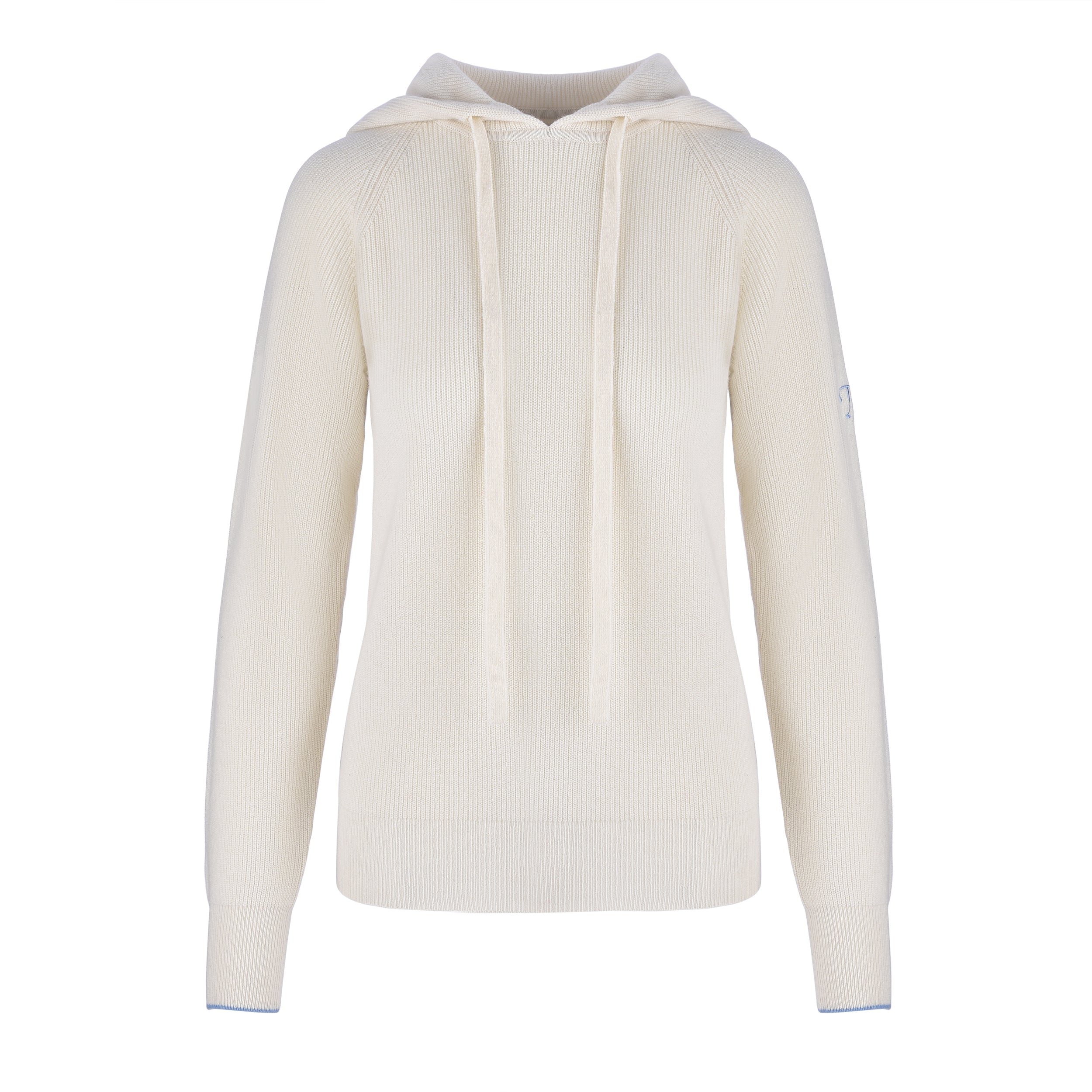 Women's Cashmere Hooded Sweater, Cream and blue. Front view.