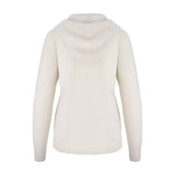 Women's Cashmere Hooded Sweater, Cream and blue. Back view.
