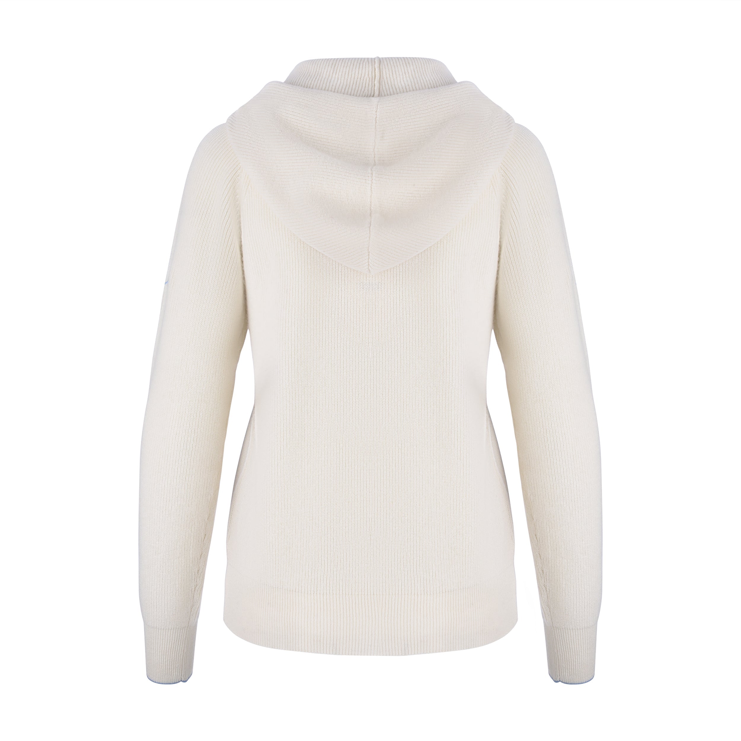 Women's Cashmere Hooded Sweater, Cream and blue. Back view.