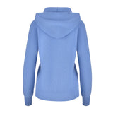 Women's Cashmere Hooded Sweater, Blue and White. Back view.