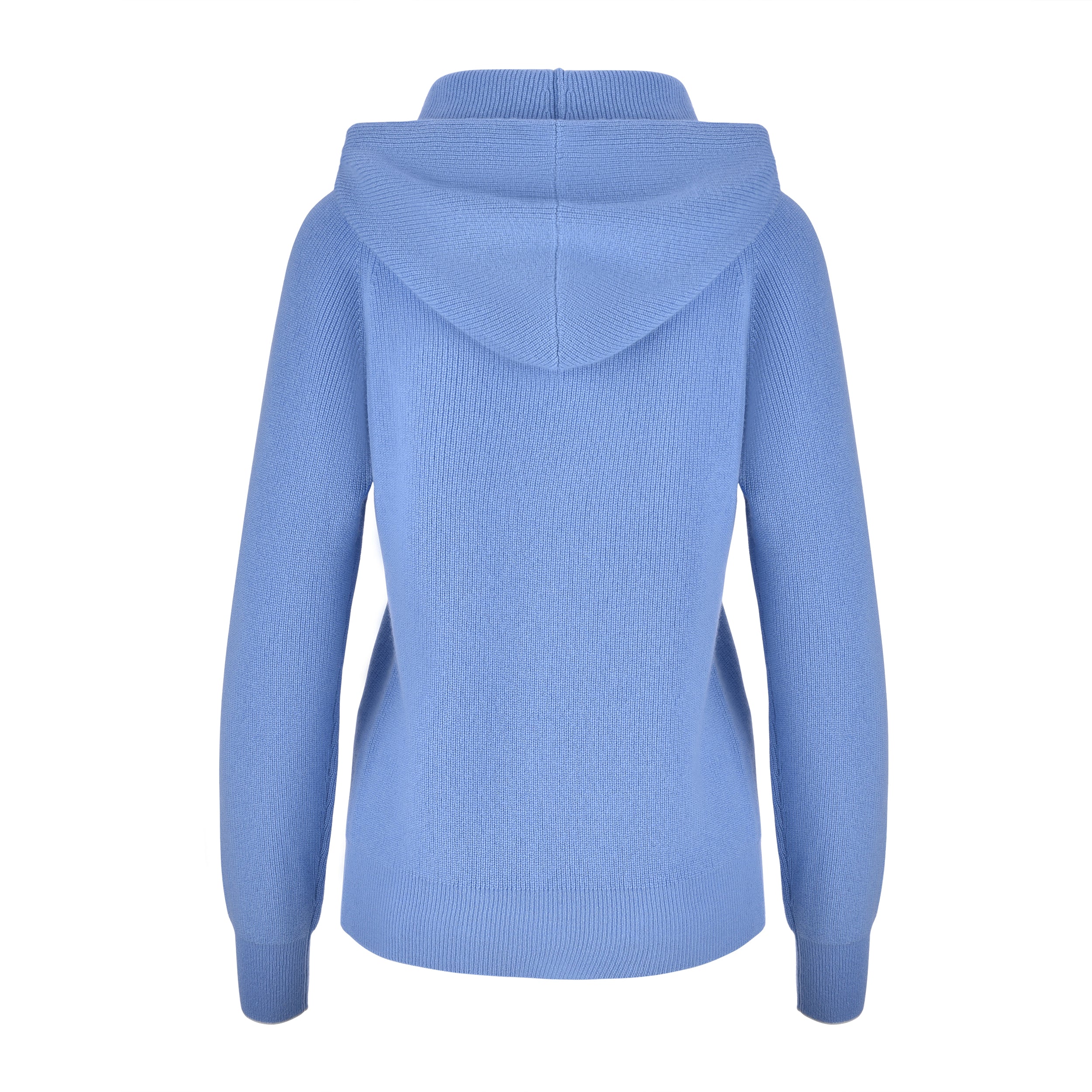 Women's Cashmere Hooded Sweater, Blue and White. Back view.