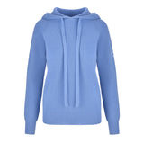 Women's Cashmere Hooded Sweater, Blue and White. Front view.
