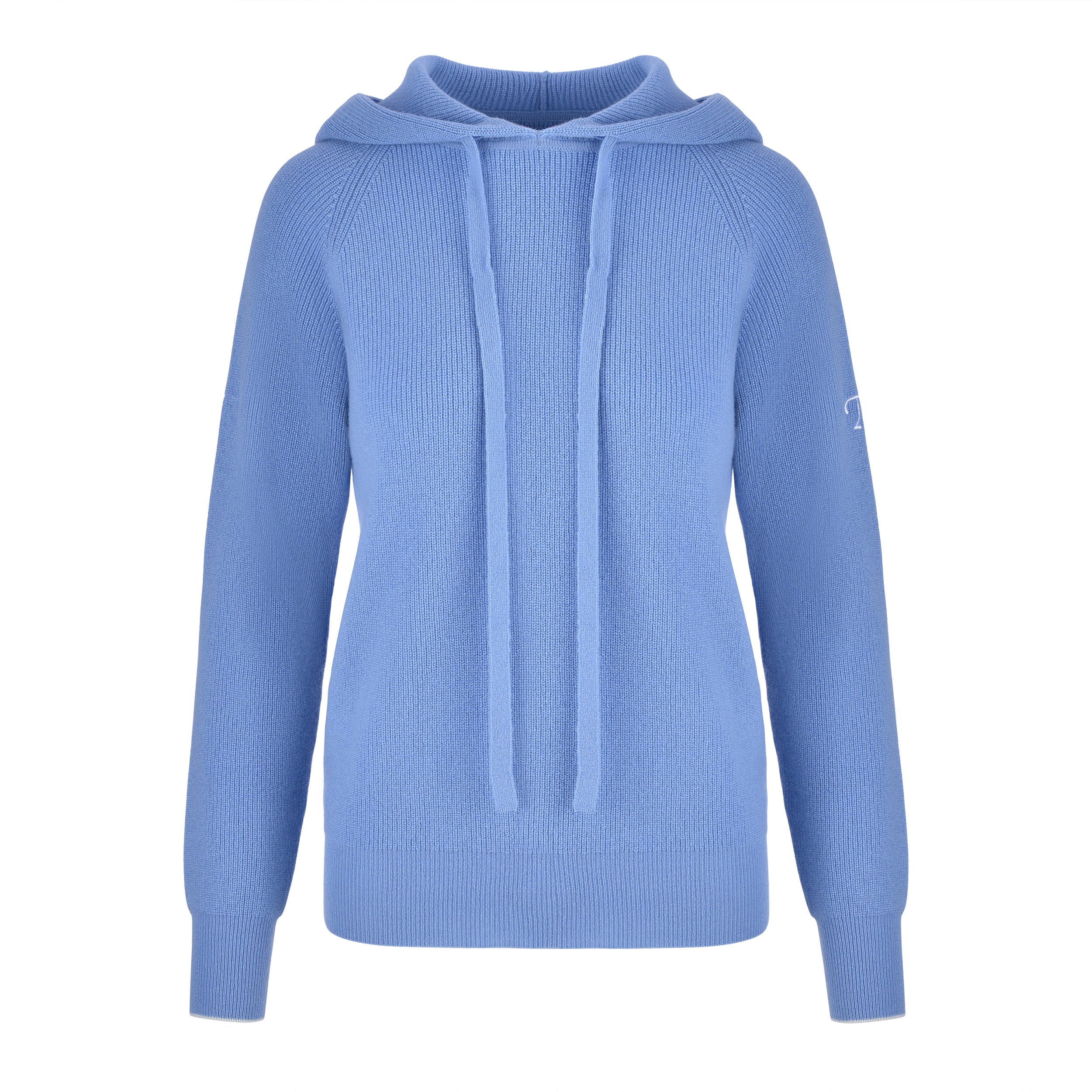 Women's Cashmere Hooded Sweater, Blue and White. Front view.