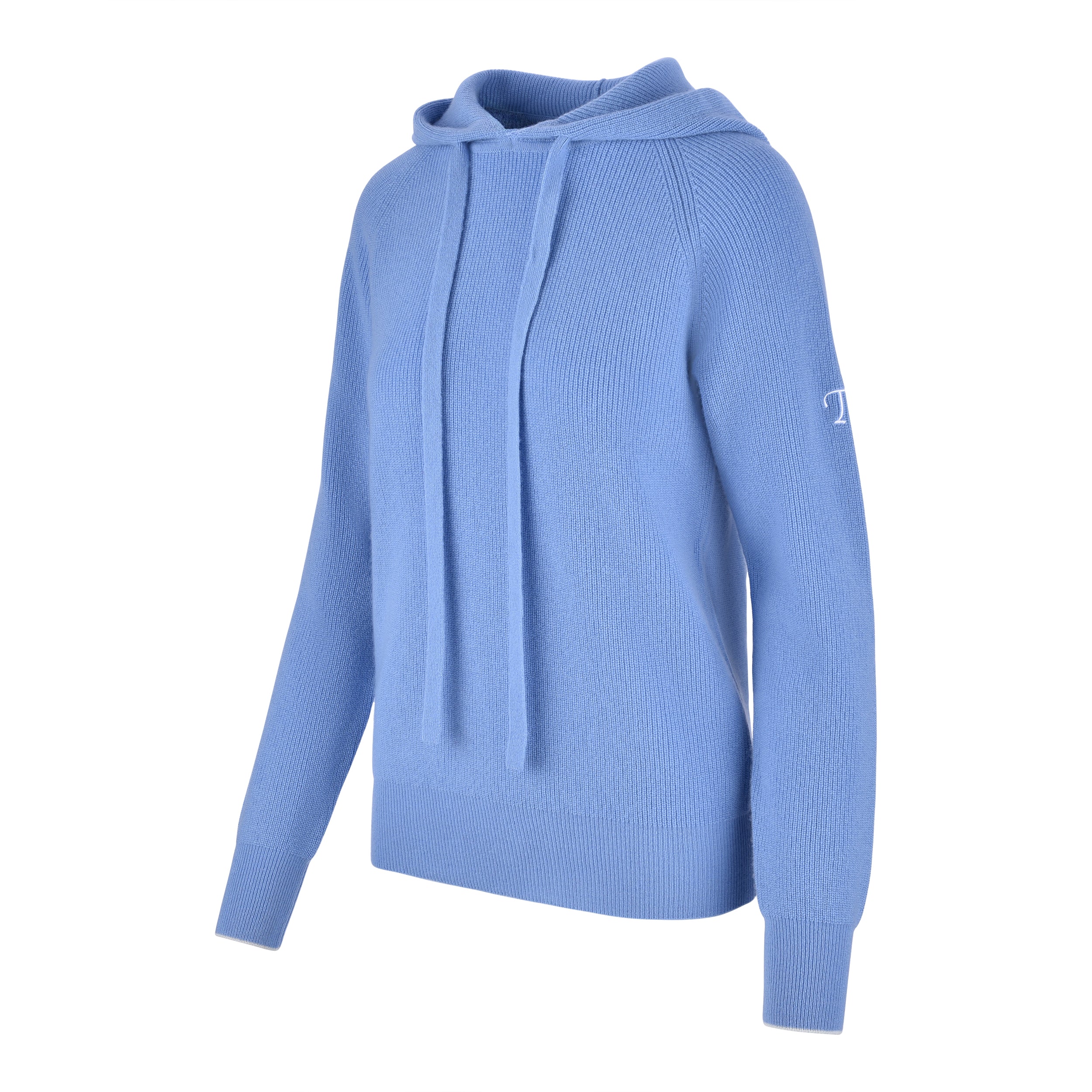 Women's Cashmere Hooded Sweater, Blue and White. 45 degree left view.