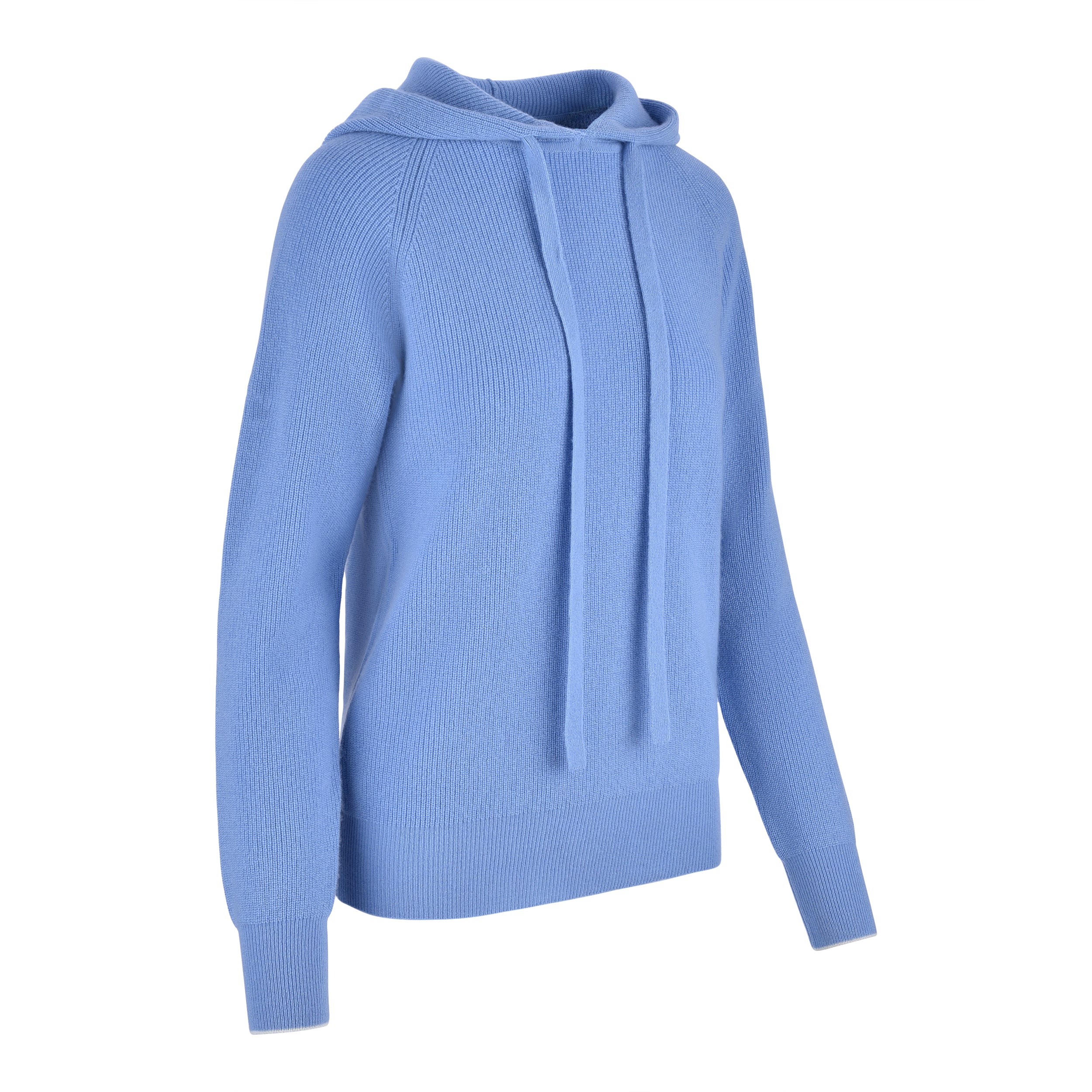 Women's Cashmere Hooded Sweater, Blue and White. 45 degree right view.