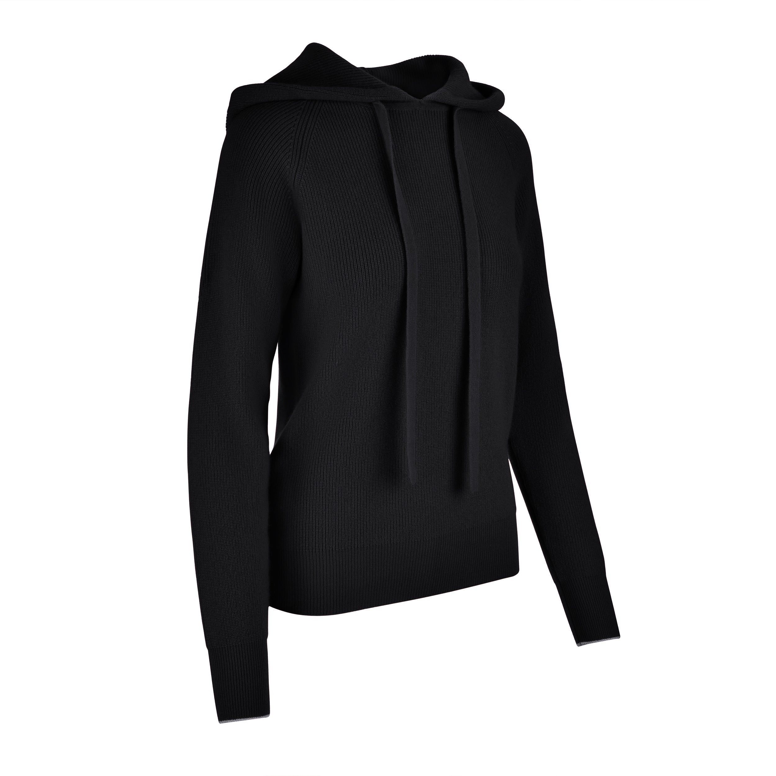 Women's Cashmere Hooded Sweater, Black and white. 45 degree right view.