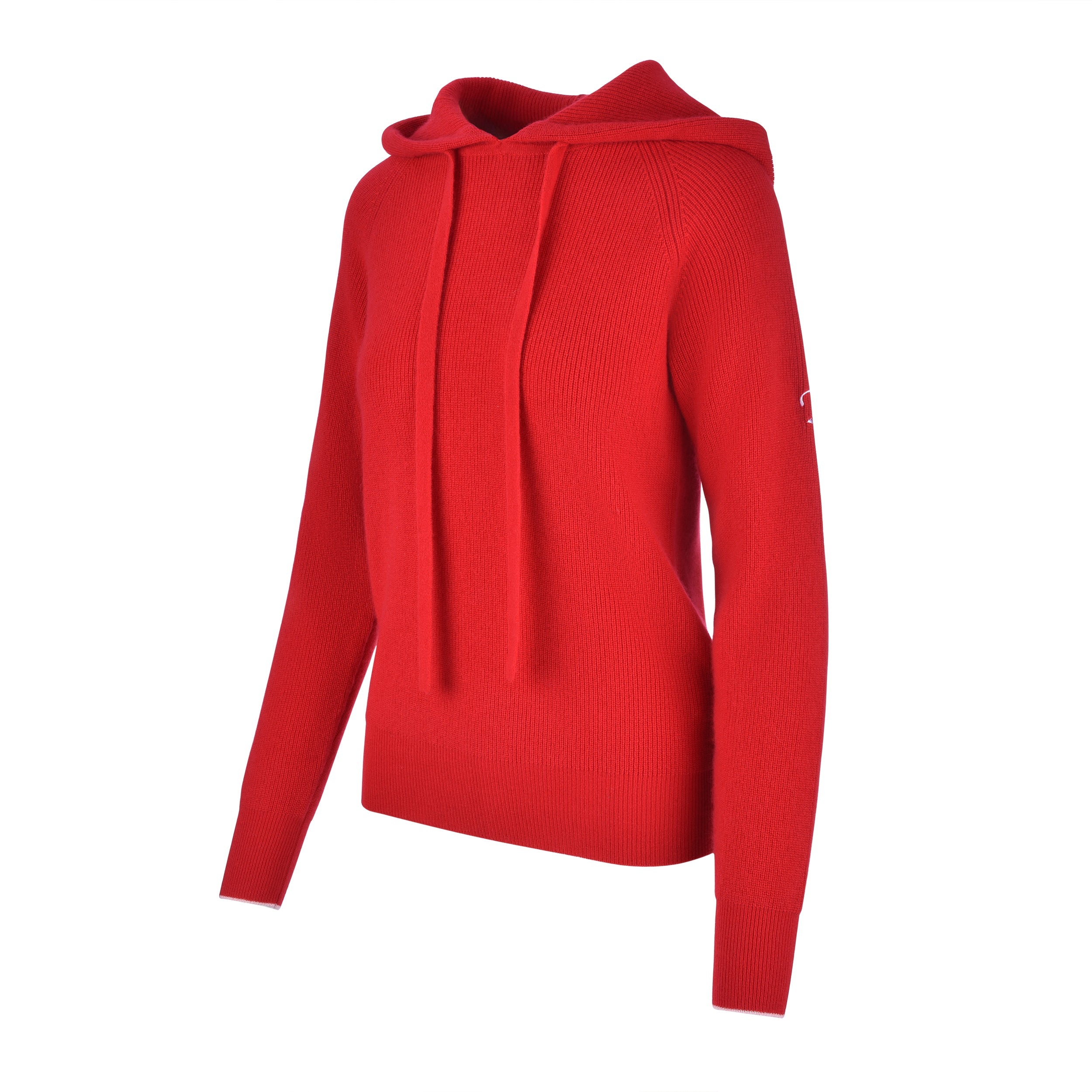Women's Cashmere Hooded Sweater, Red and white. 45 degree left view.