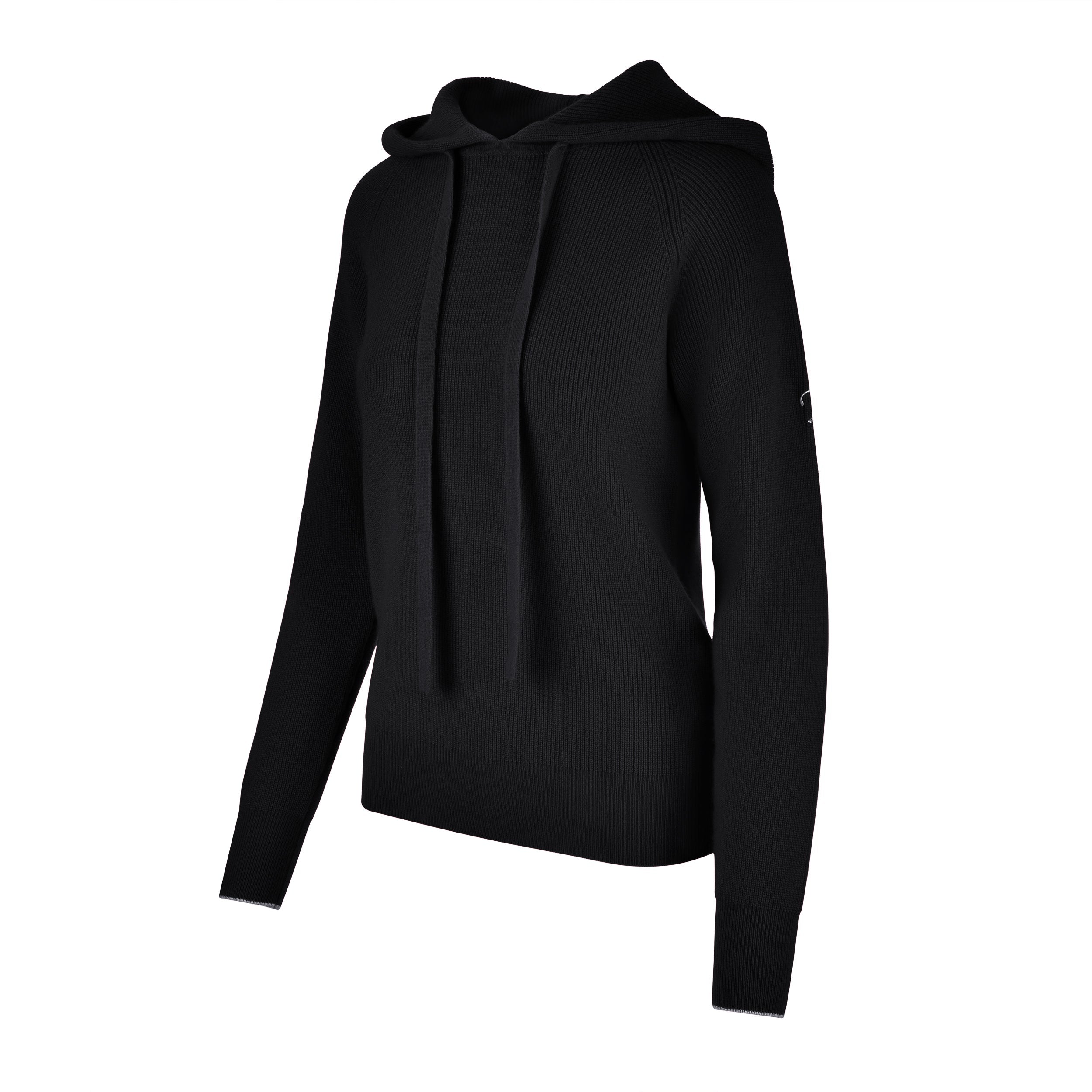 Women's Cashmere Hooded Sweater, Black and white. 45 degree left view.