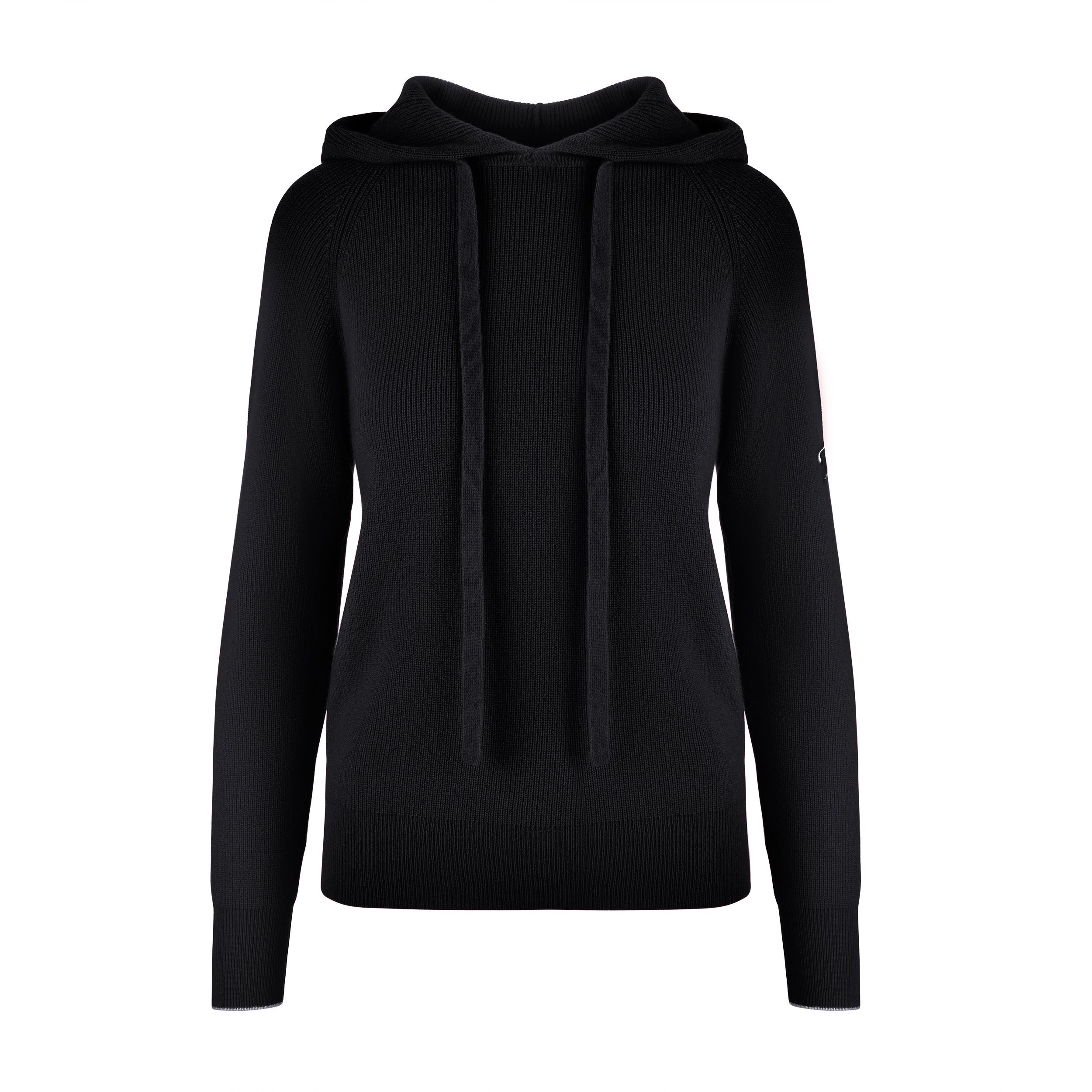Women's Cashmere Hooded Sweater, Black and white. Front view.