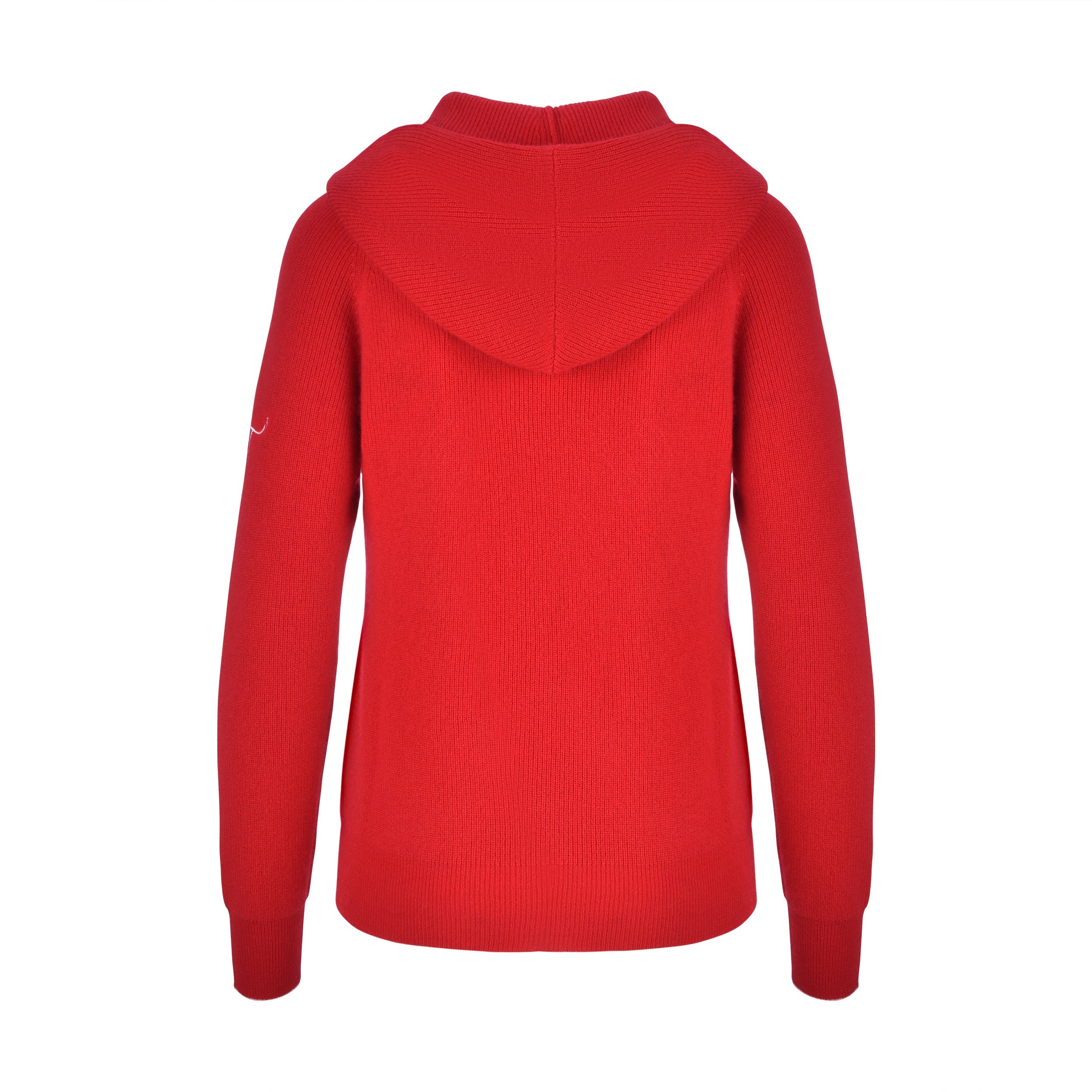 Women's Cashmere Hooded Sweater, Red and white. Back view.
