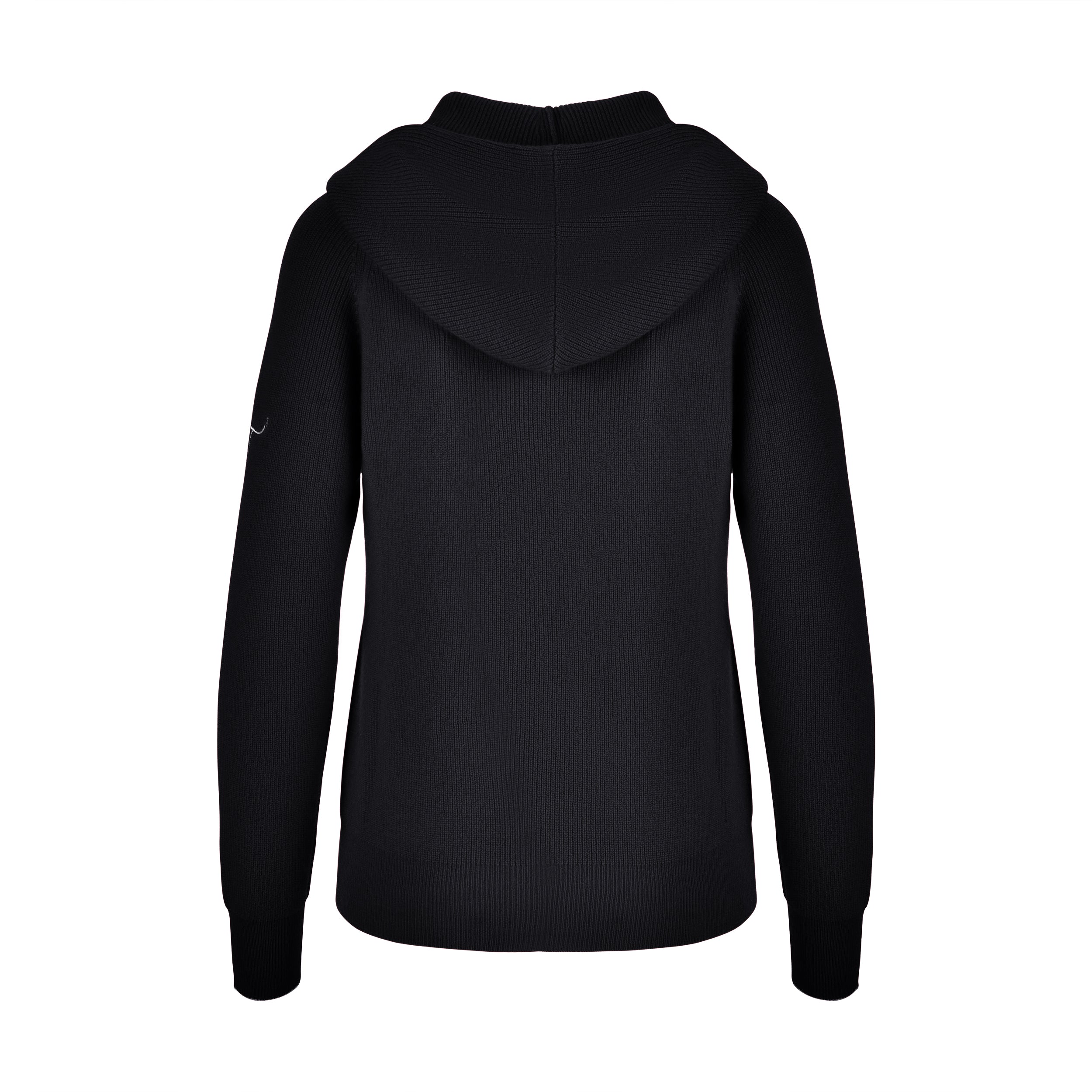 Women's Cashmere Hooded Sweater, Black and white. Back view.