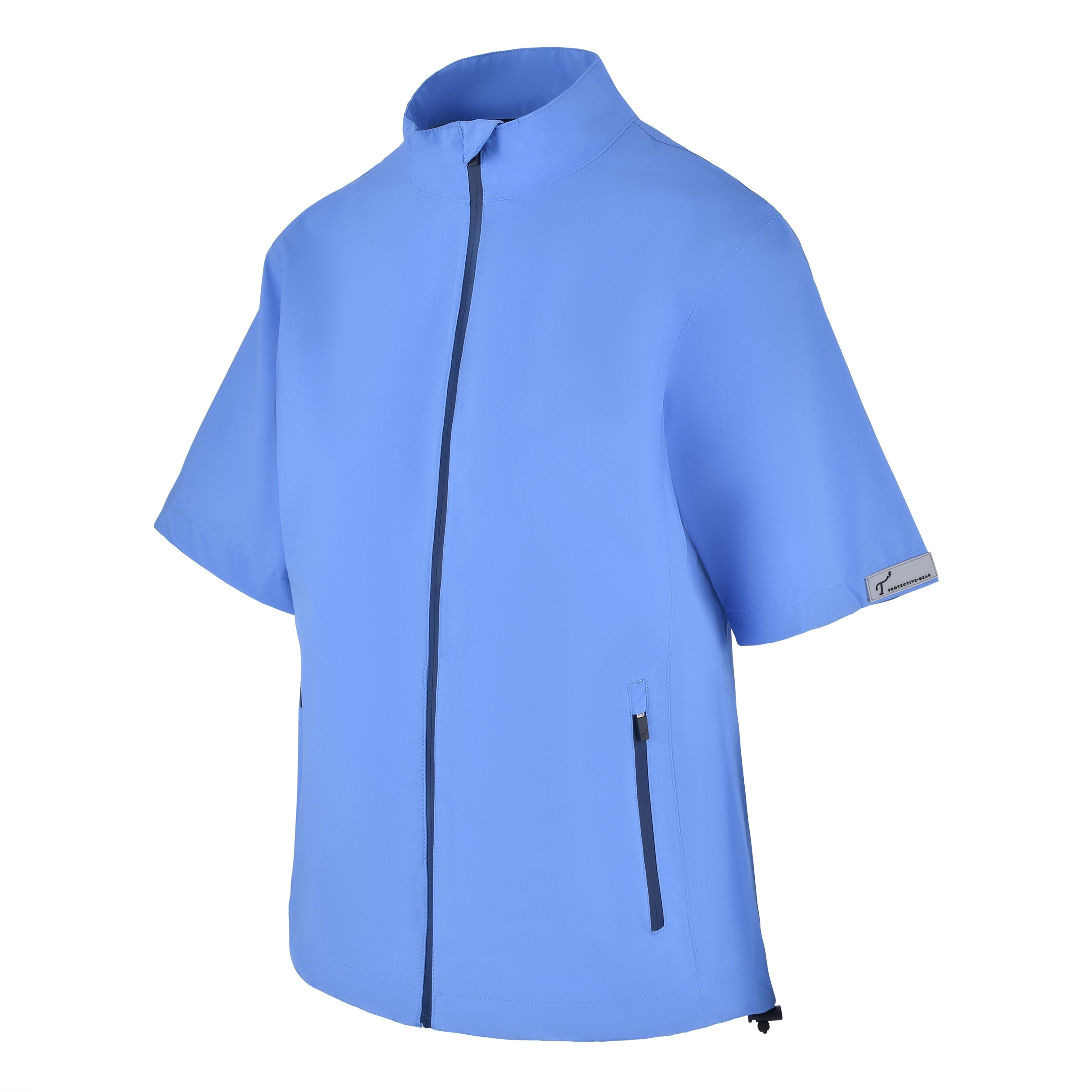 Women's Full-Zip Short Sleeve Rain Jacket, Regatta Blue/Navy. 45 degree right view.