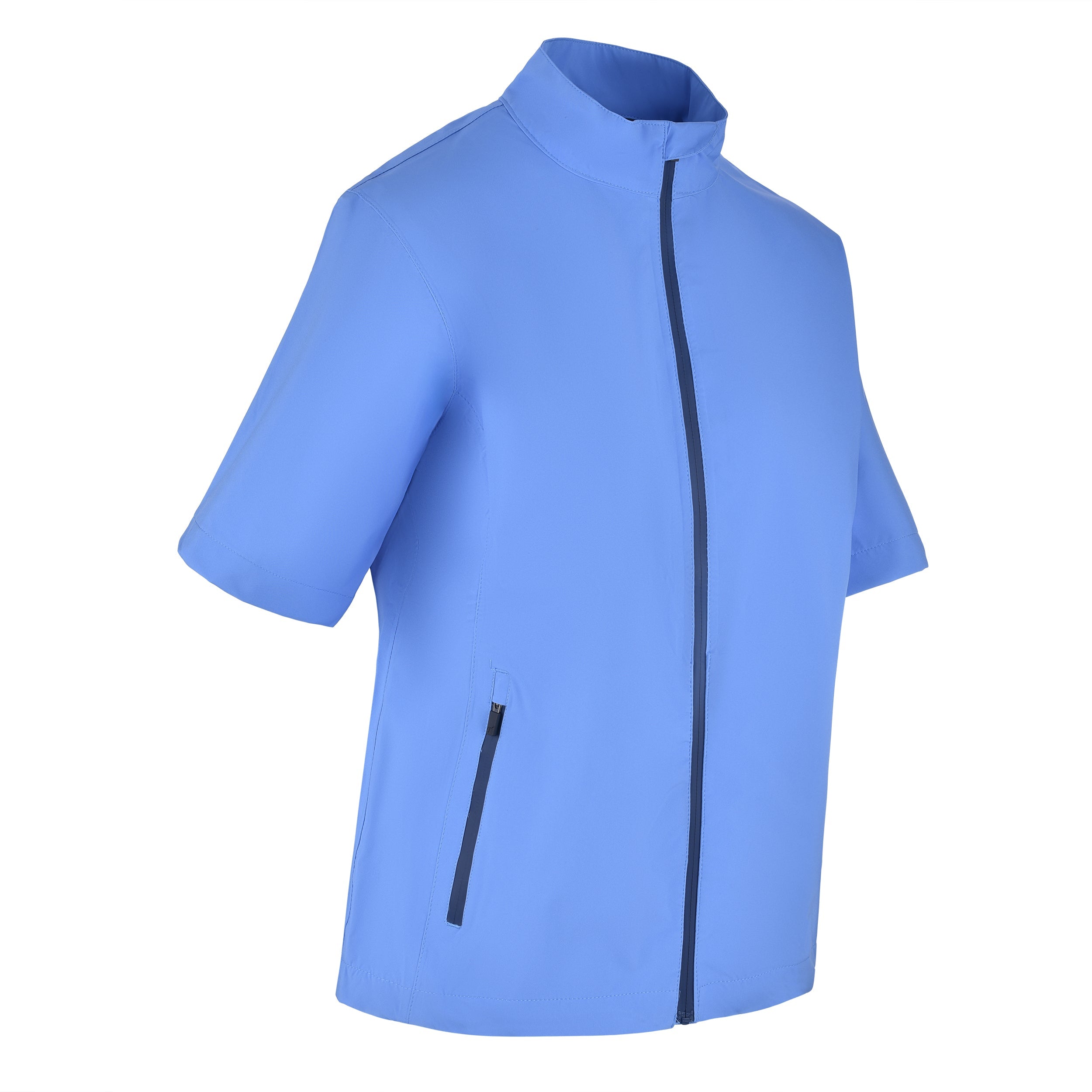 Women's Full-Zip Short Sleeve Rain Jacket, Regatta Blue/Navy. 45 degree left view.