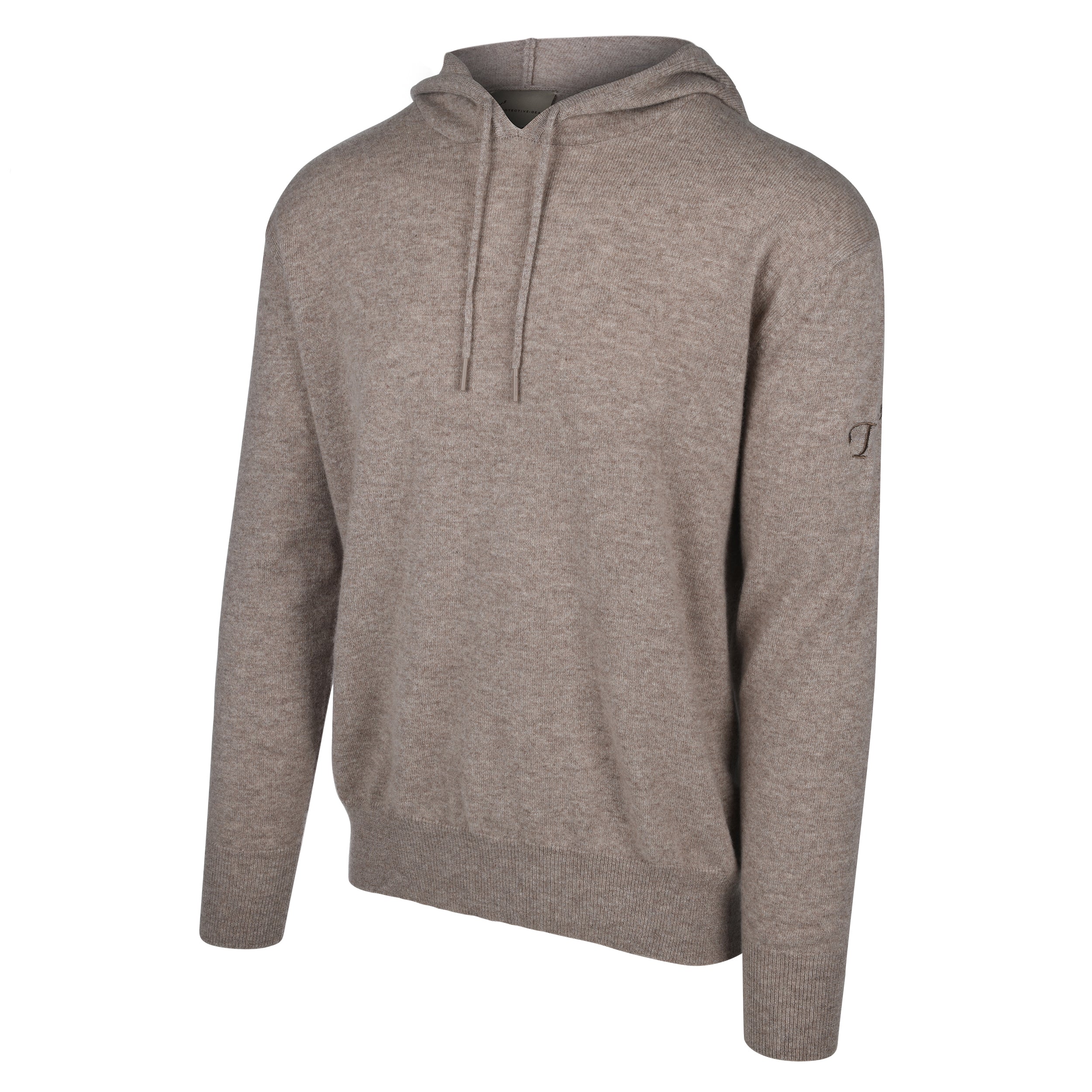 Men's Cashmere Hooded Sweater, Beige. 45 degree left view.