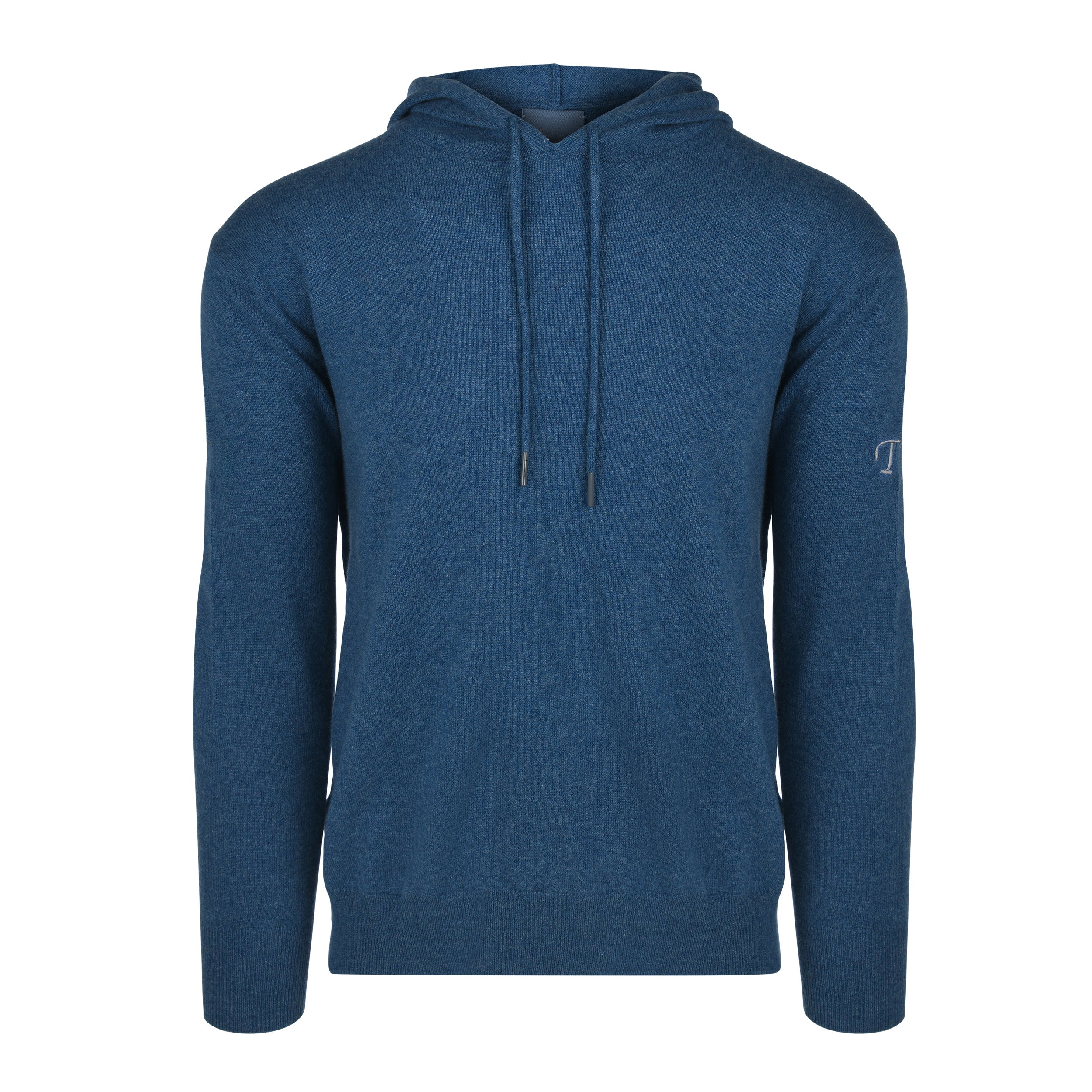 Men's Cashmere Hooded Sweater, Blue. Front view.