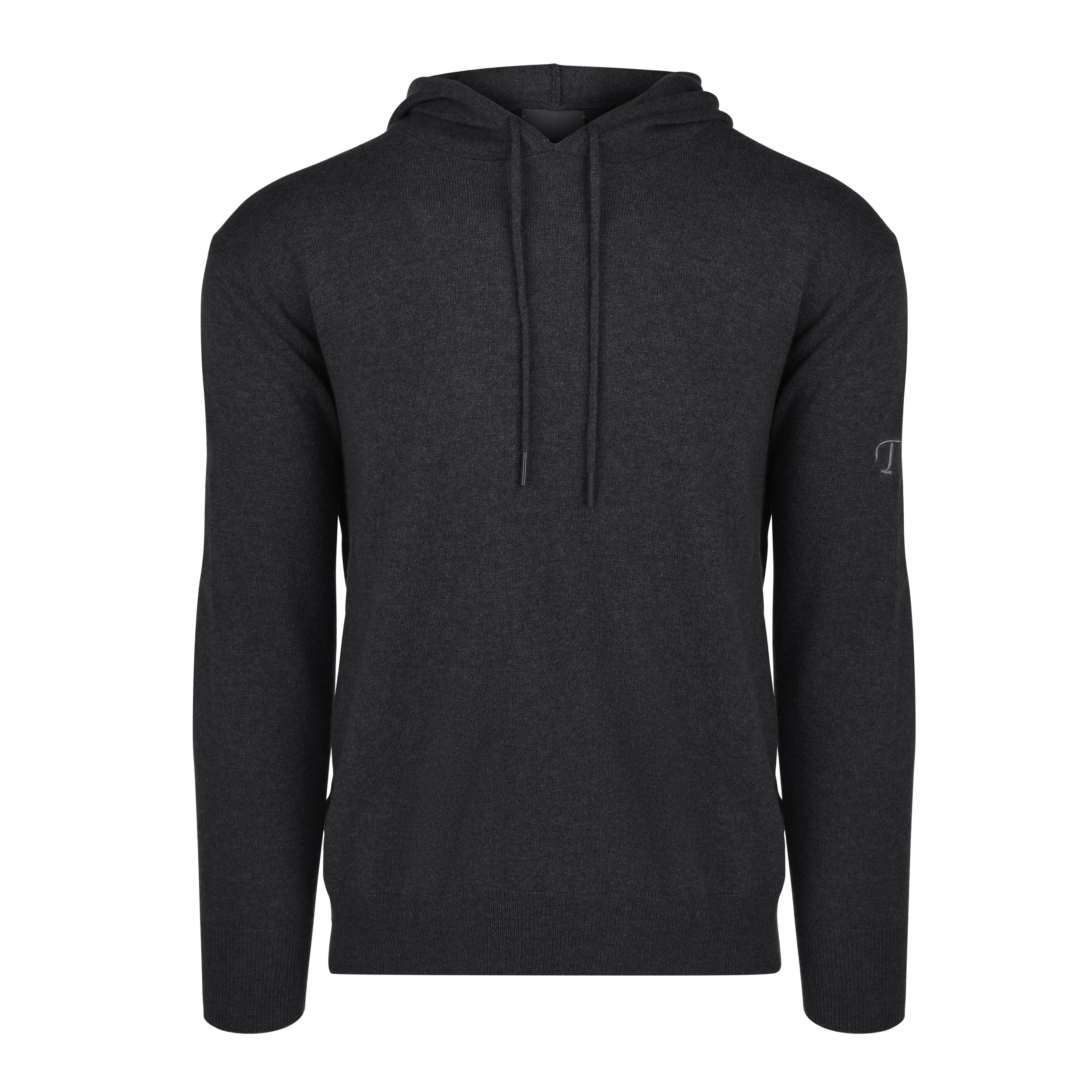 Men's Cashmere Hooded Sweater, Charcoal. Front view.