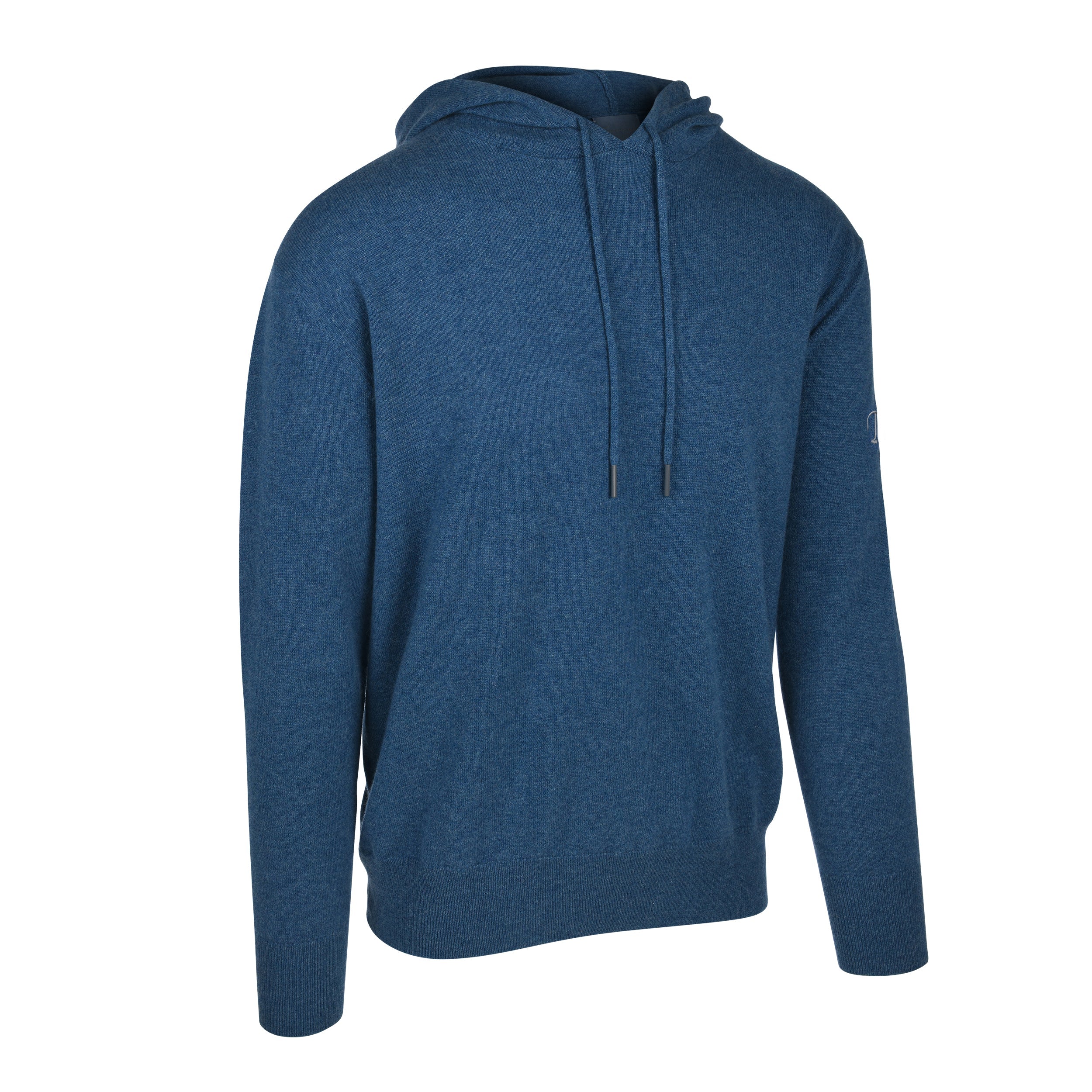 Men's Cashmere Hooded Sweater, Blue. 45 degree right view.