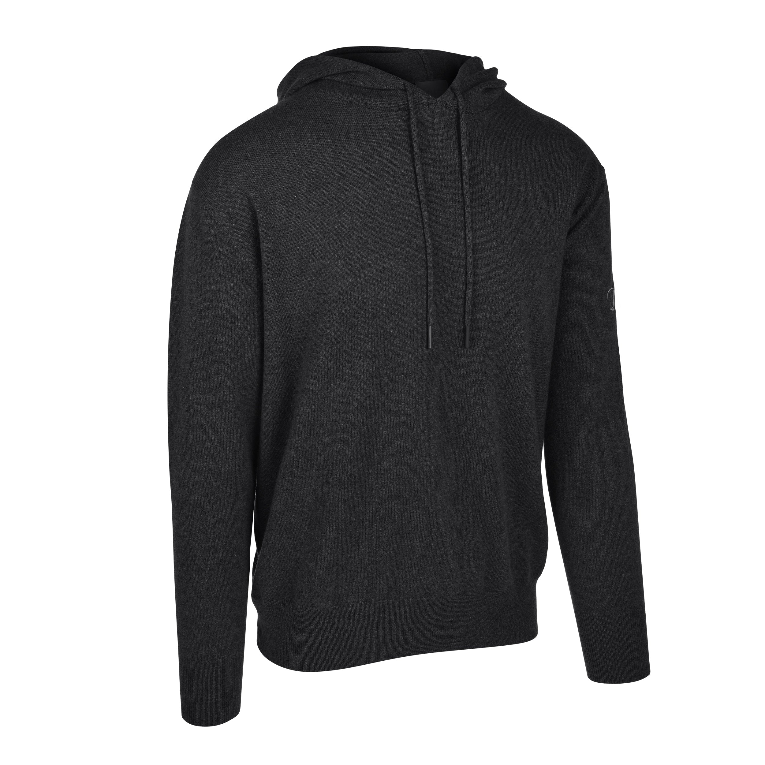 Men's Cashmere Hooded Sweater, Charcoal. 45 degree right view.