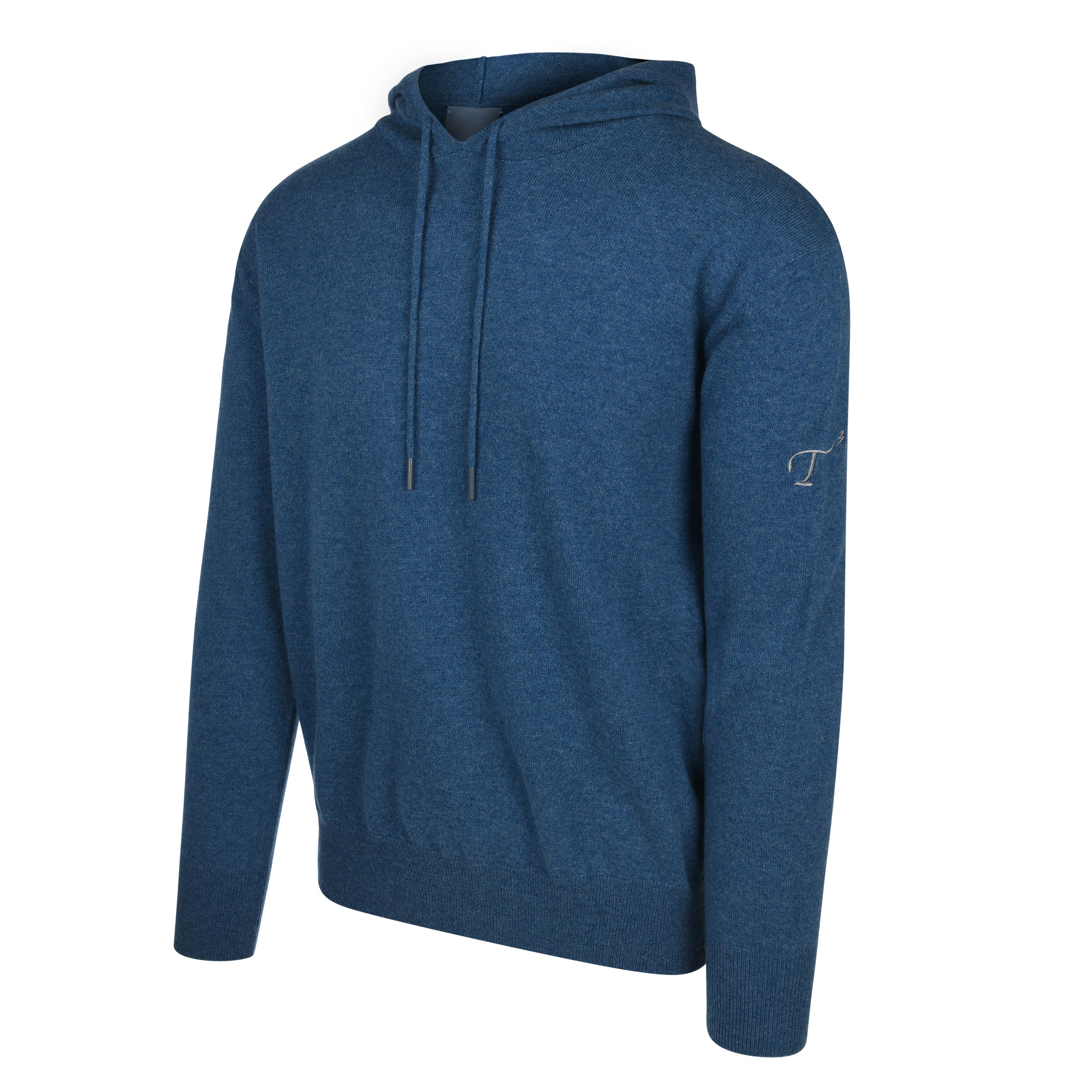 Men's Cashmere Hooded Sweater, Blue. 45 degree left view.