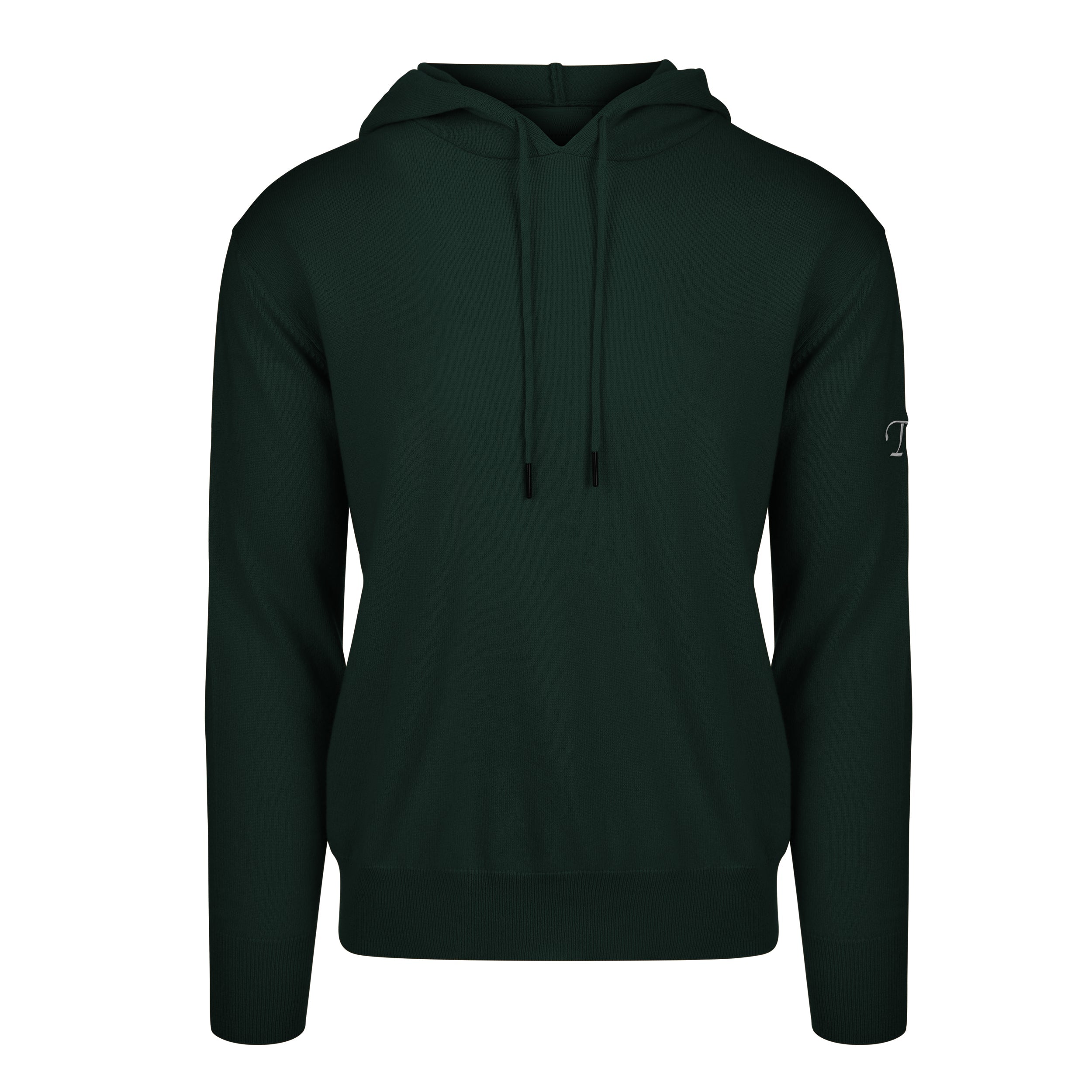 Men's Cashmere Hooded Sweater, Green. Front view.