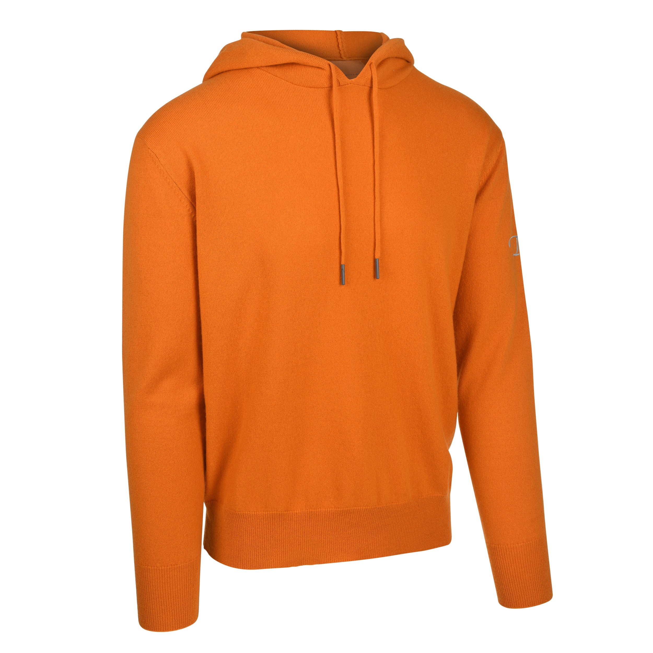 Men's Cashmere Hooded Sweater, Orange. 45 degree right view.
