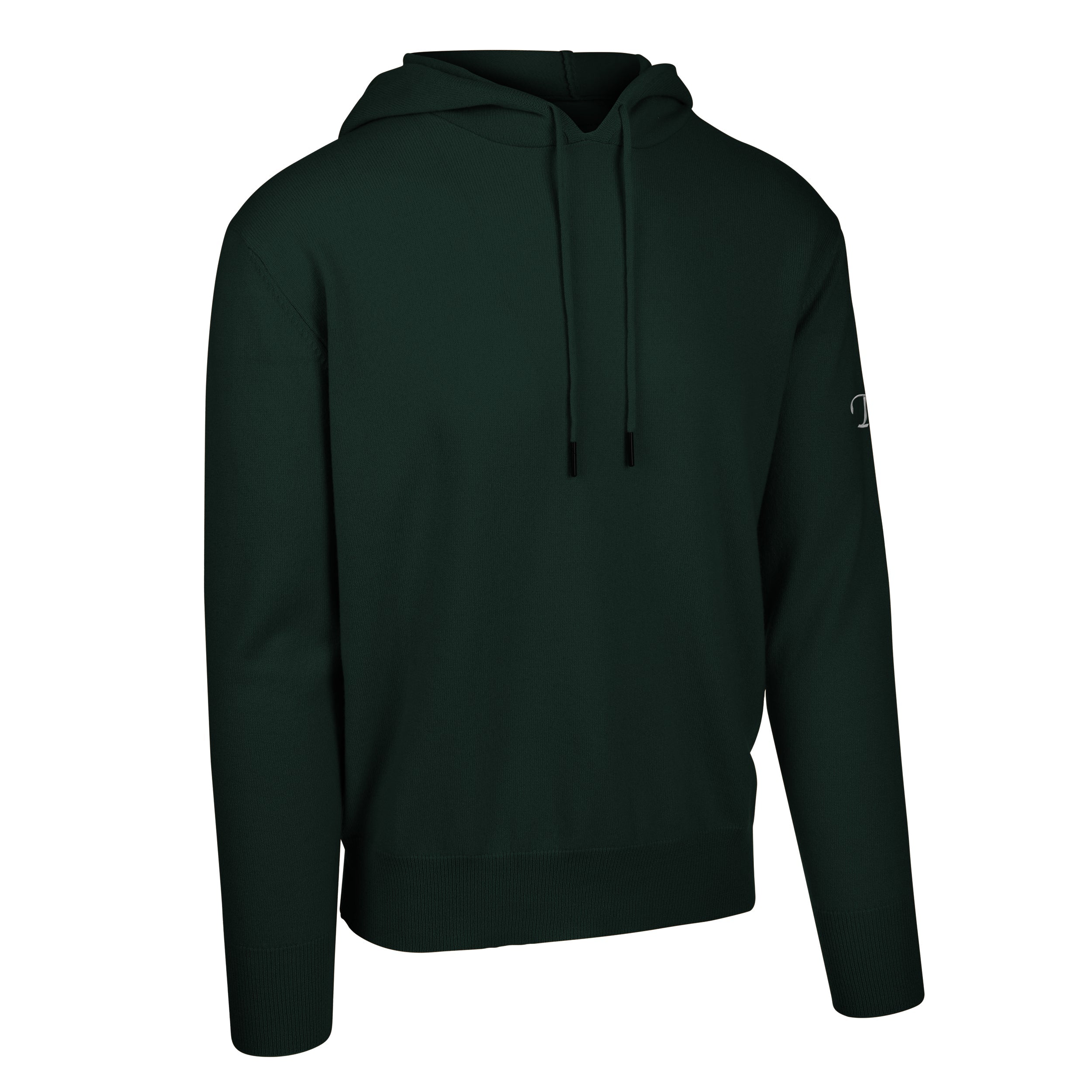 Men's Cashmere Hooded Sweater, Green. 45 degree right view.