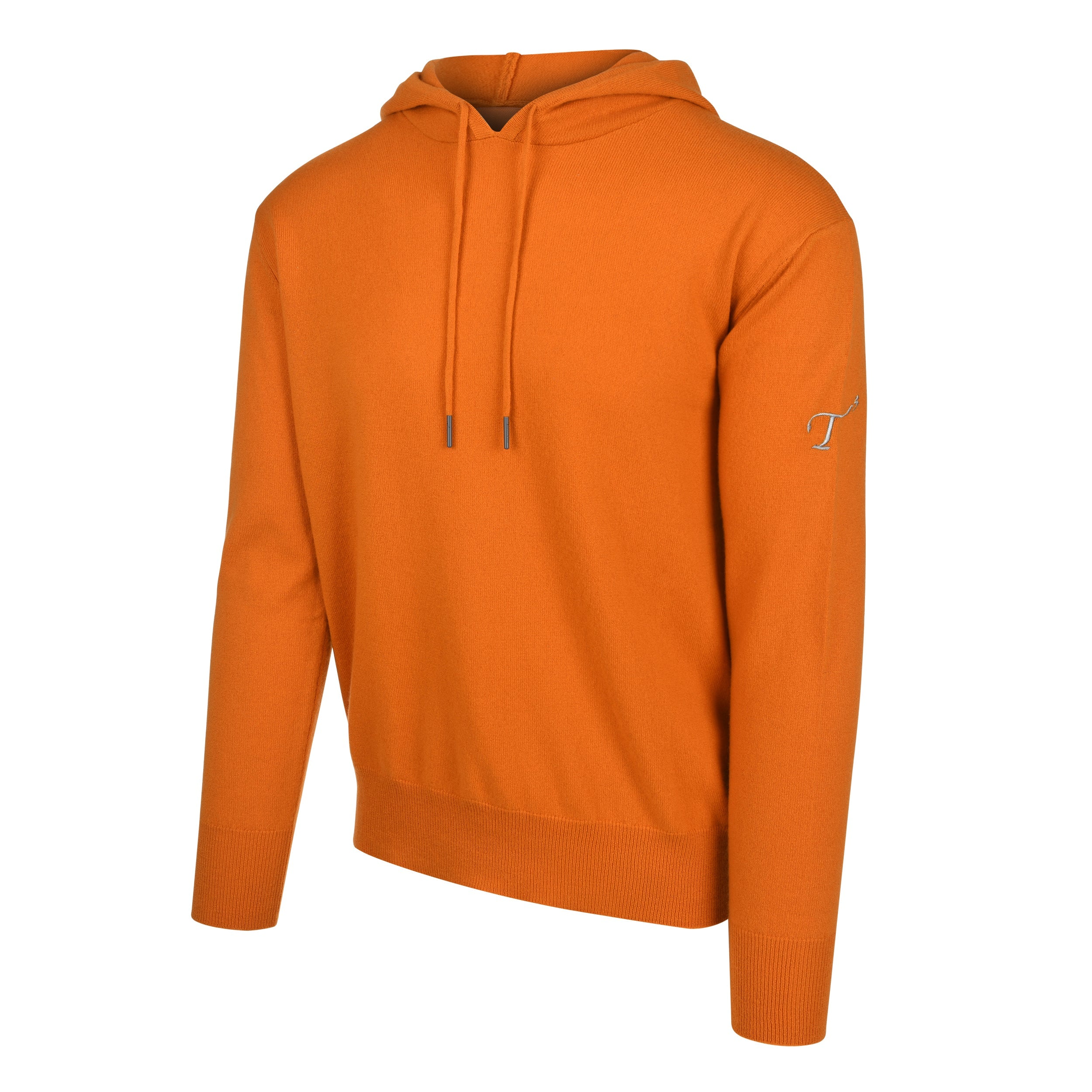 Men's Cashmere Hooded Sweater, Orange. 45 degree left view.