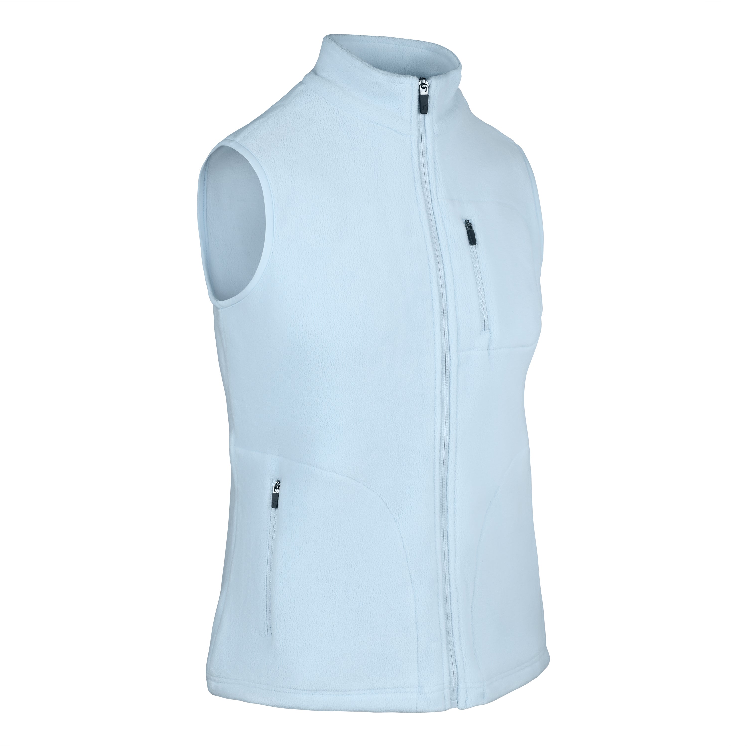 Women's Fleece Vest, Powder Blue. 45 degree right view.