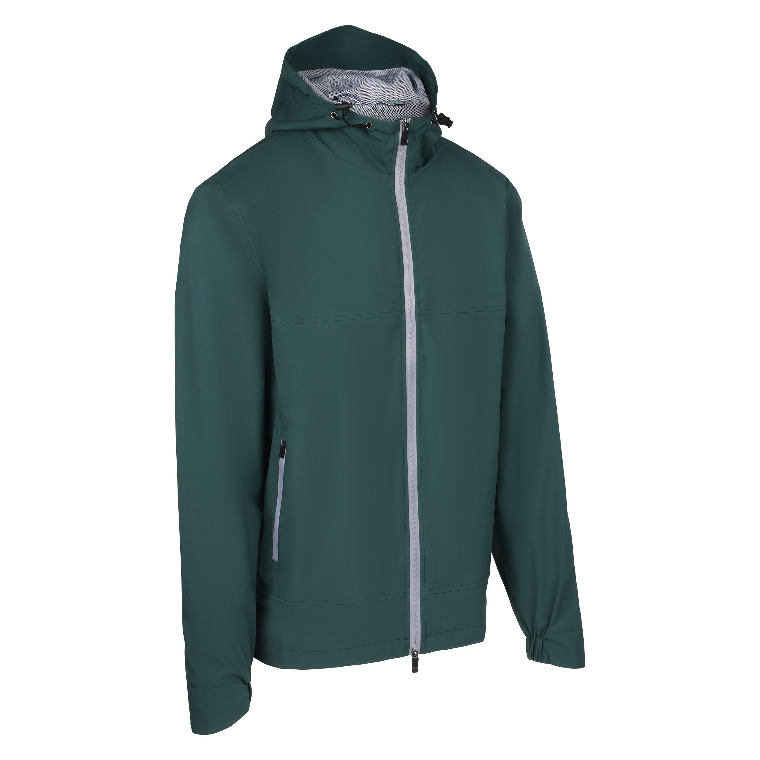 Men's Lightweight Wind Jacket with Hood, Forest Green. 45 degree right view.