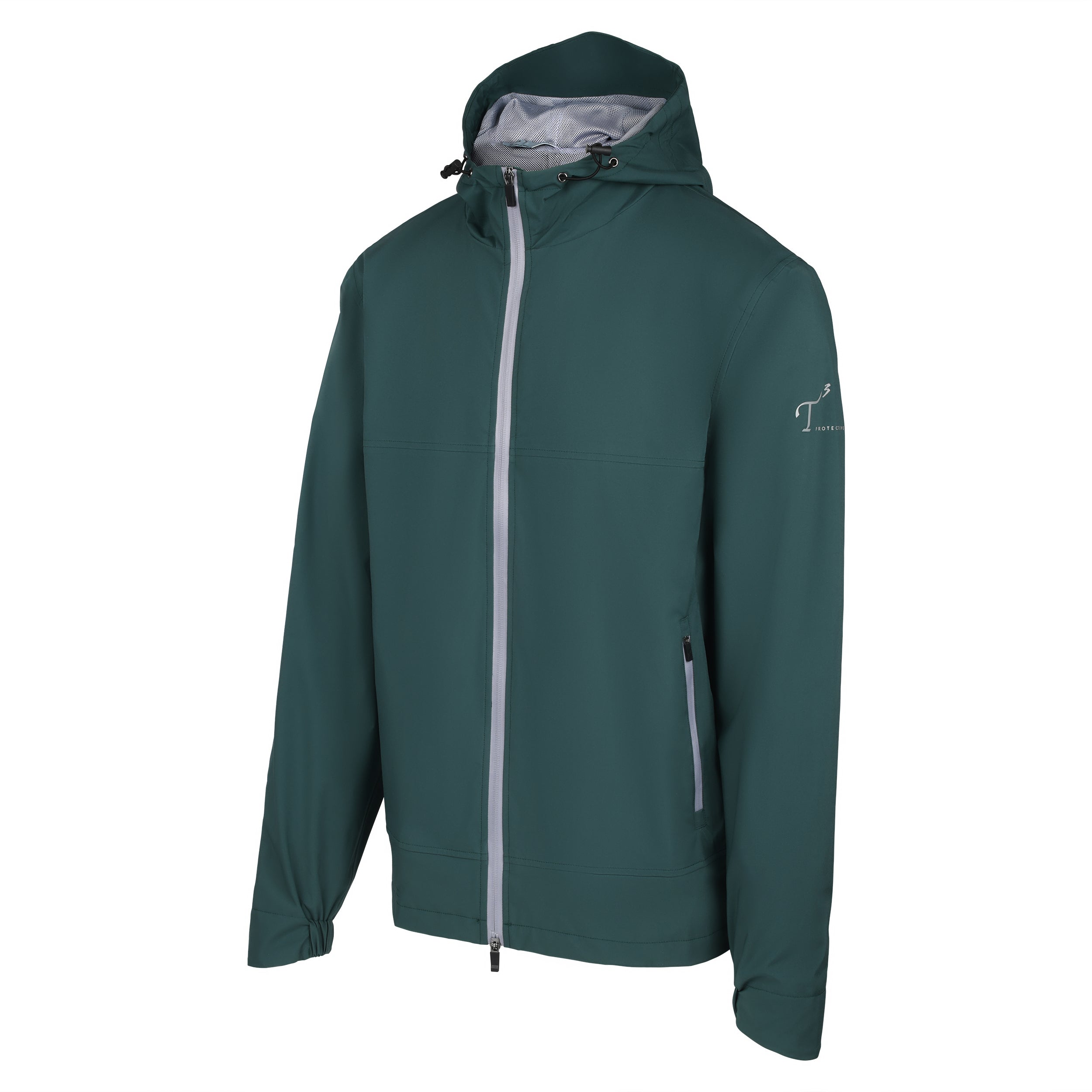Men's Lightweight Wind Jacket with Hood, Forest Green. 45 degree left view.