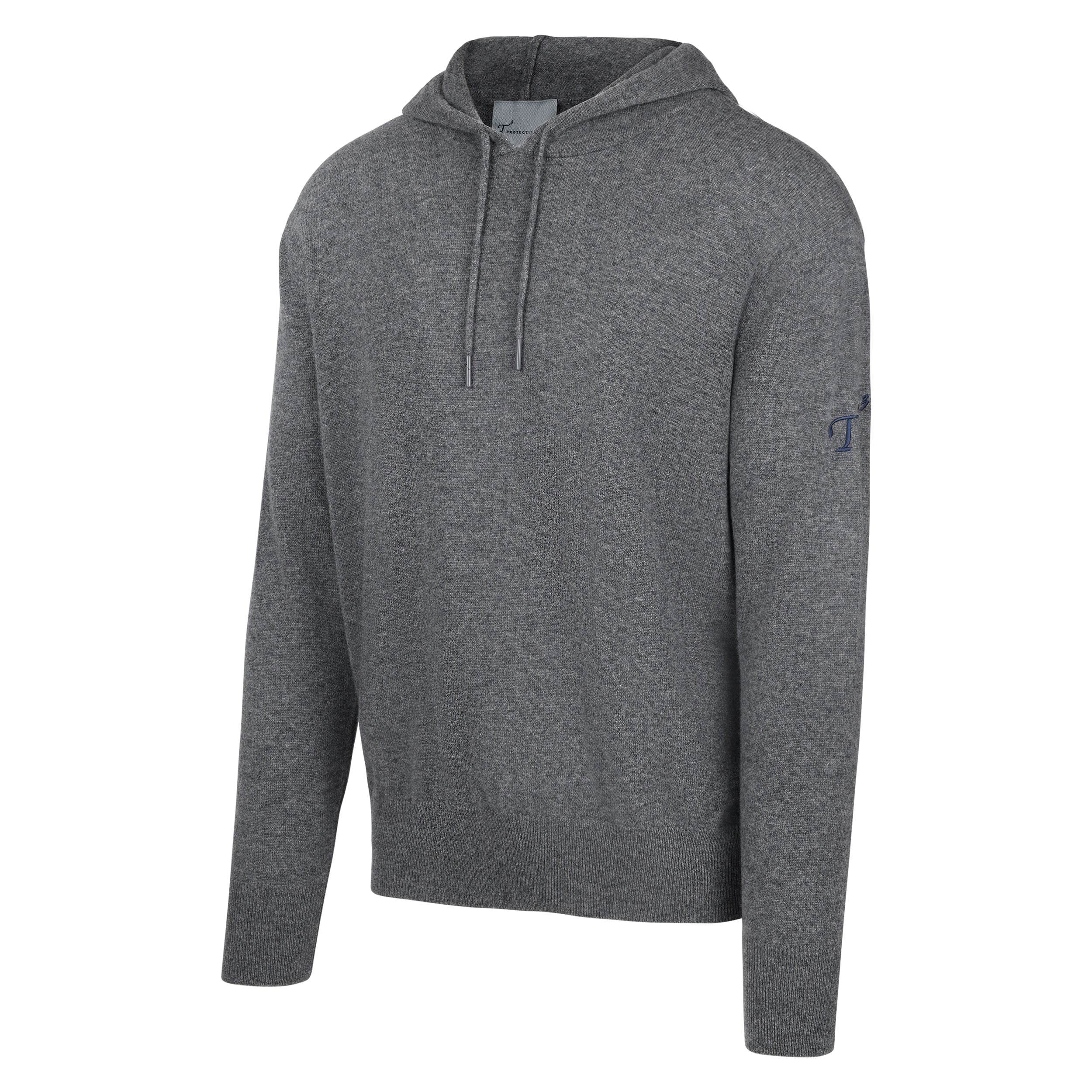 Men's Cashmere Hooded Sweater, Gray. 45 degree left view.