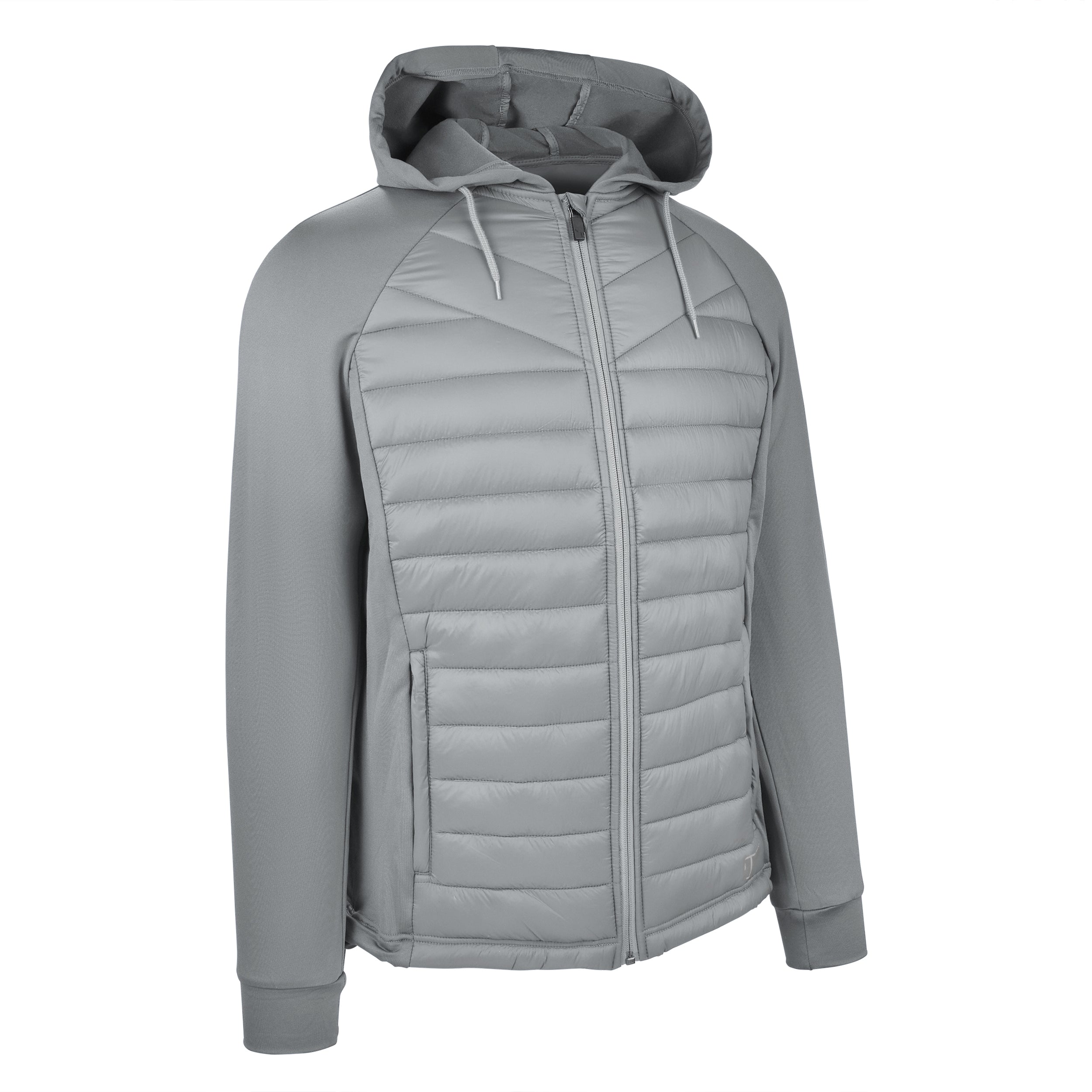 Men's Thinsulate Hybrid Hooded Long Sleeve Jacket, Gray. 45 degree right view.