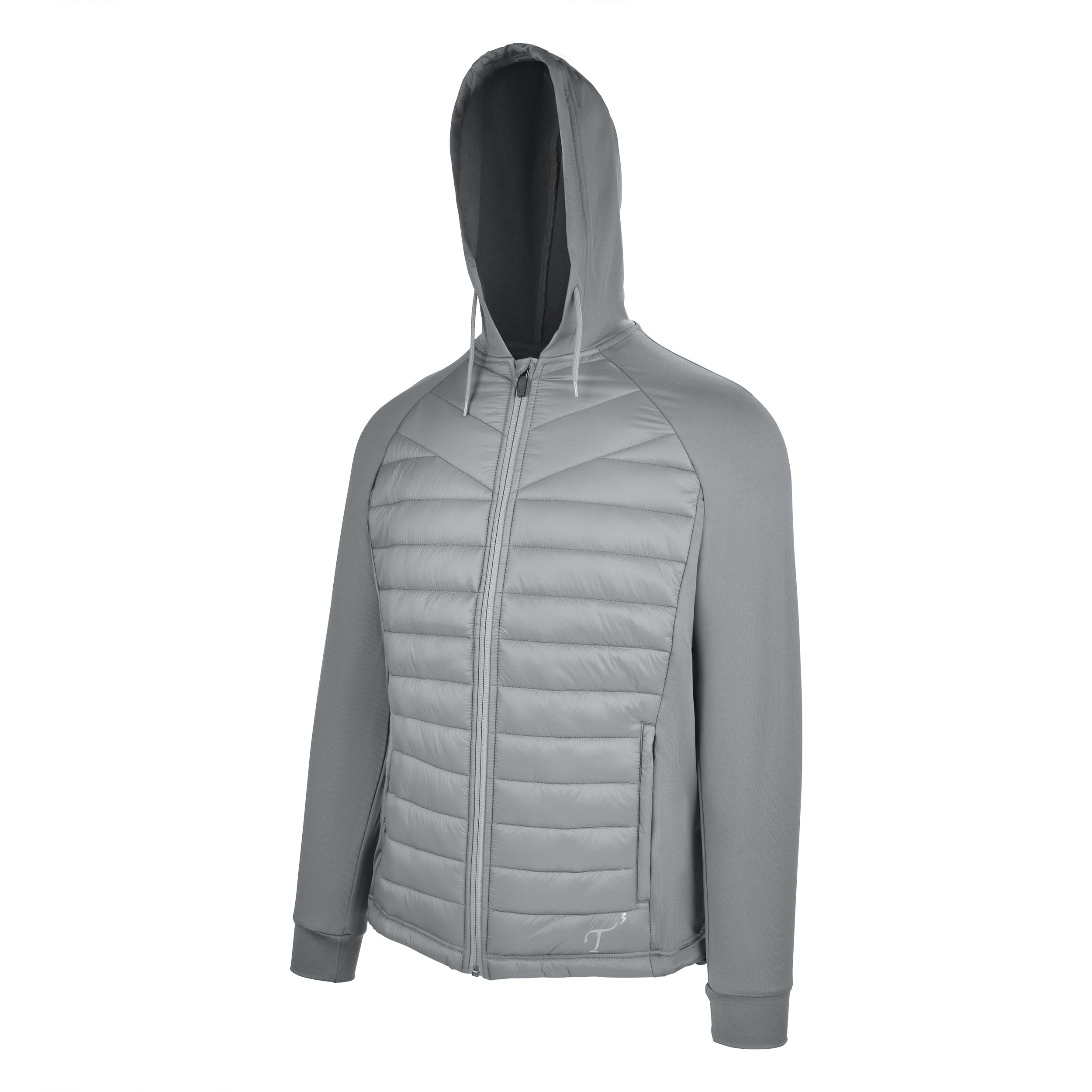 Men's Thinsulate Hybrid Hooded Long Sleeve Jacket, Gray. 45 degree left view.