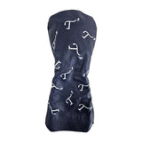 Navy leather driver head cover with white embroidered T3 logos in a randomized pattern.